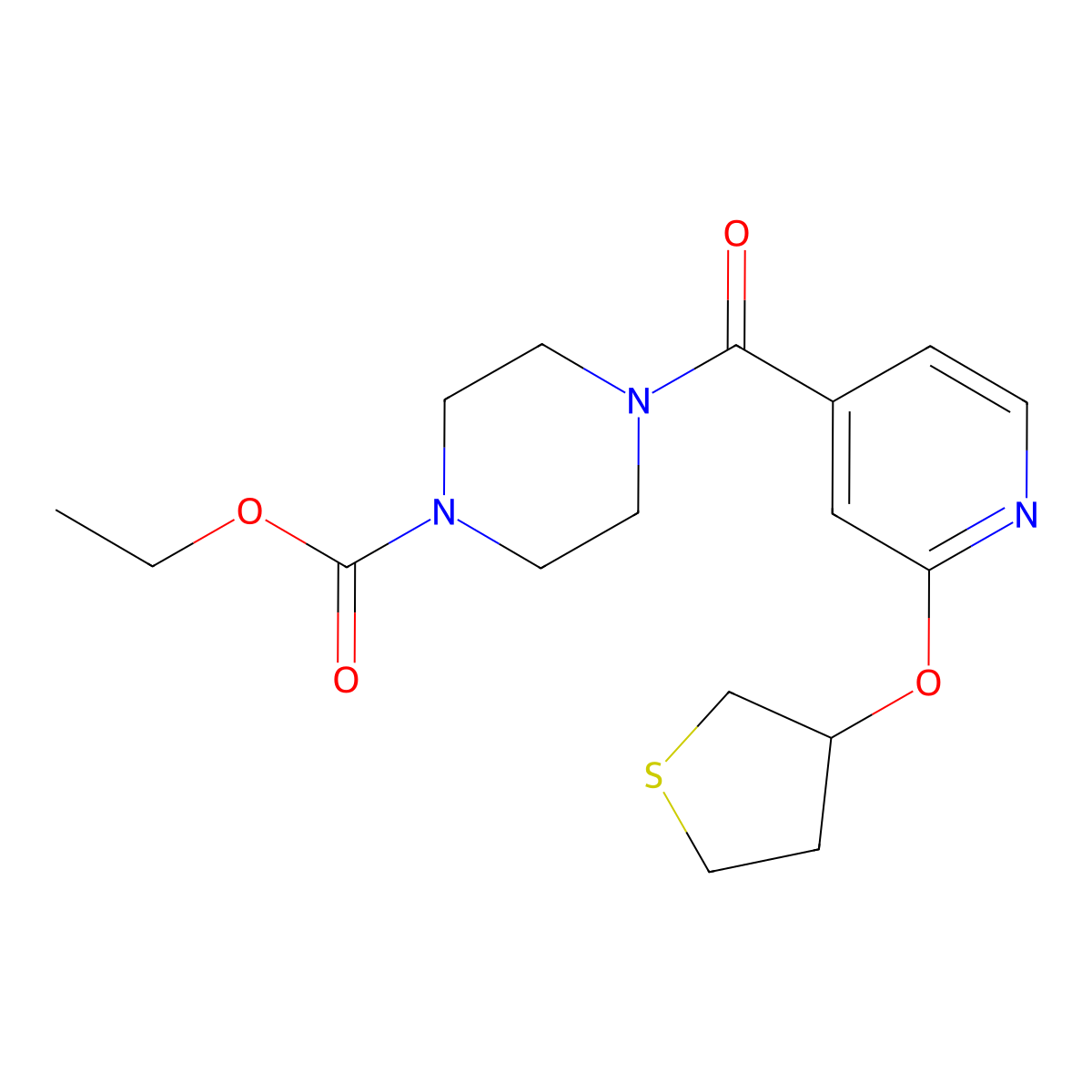 Ethyl 4-(2-((tetrahydrothiophen-3-yl)oxy)isonicotinoyl)piperazine-1-carboxylate molecular structure, CAS 2034432-97-6