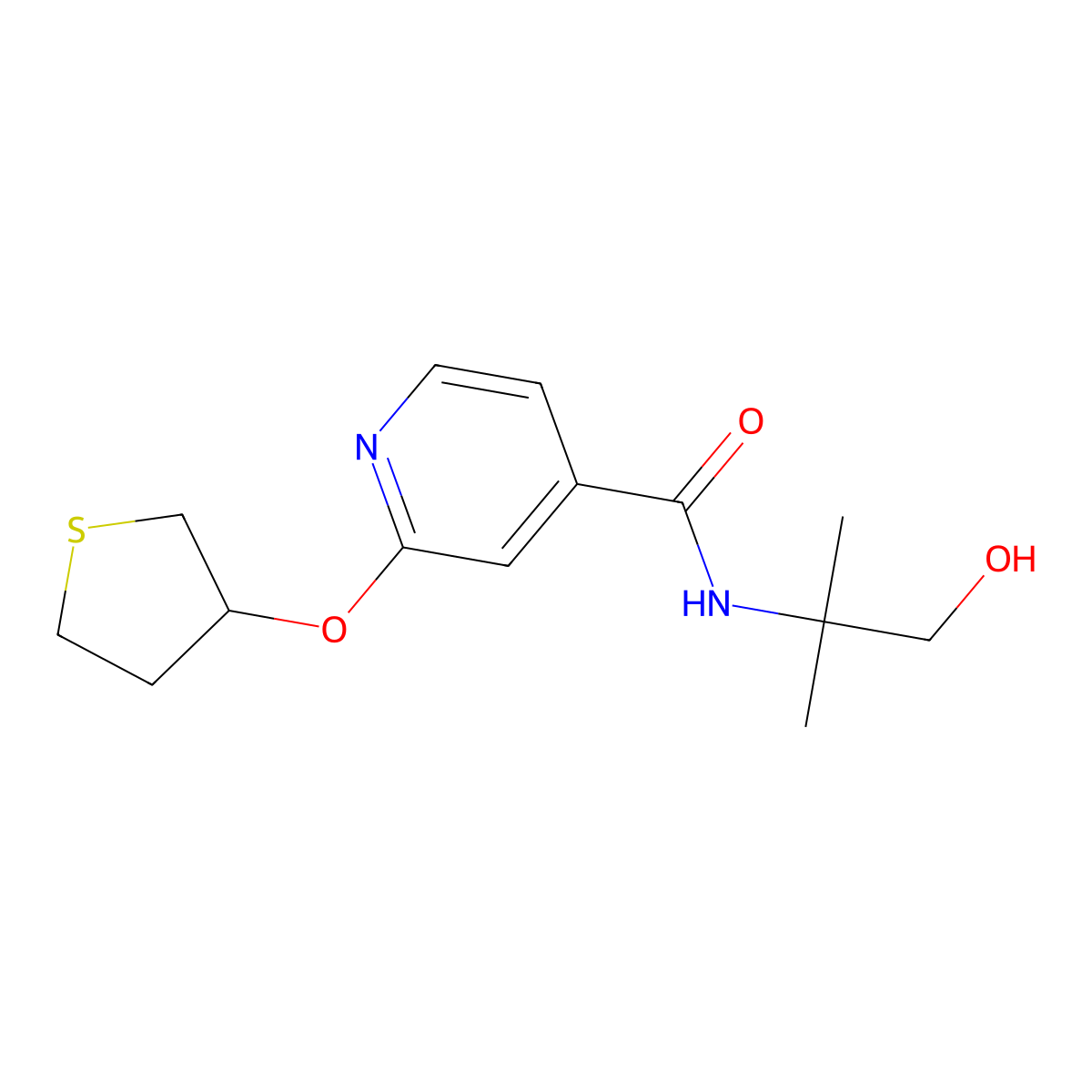 N-(1-hydroxy-2-methylpropan-2-yl)-2-((tetrahydrothiophen-3-yl)oxy)isonicotinamide molecular structure, CAS 2034433-01-5