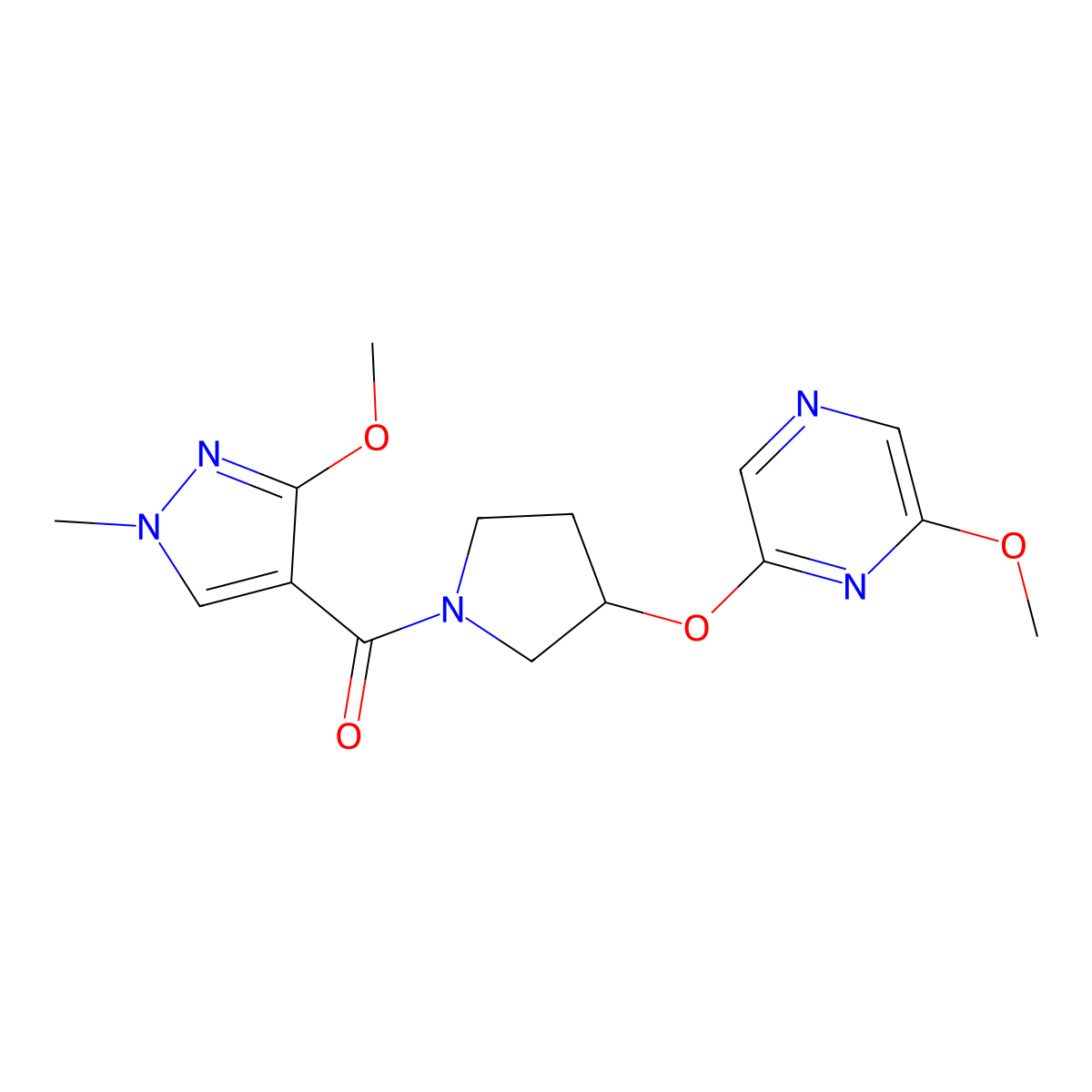 (3-methoxy-1-methyl-1H-pyrazol-4-yl)(3-((6-methoxypyrazin-2-yl)oxy)pyrrolidin-1-yl)methanone molecular structure, CAS 2034433-04-8