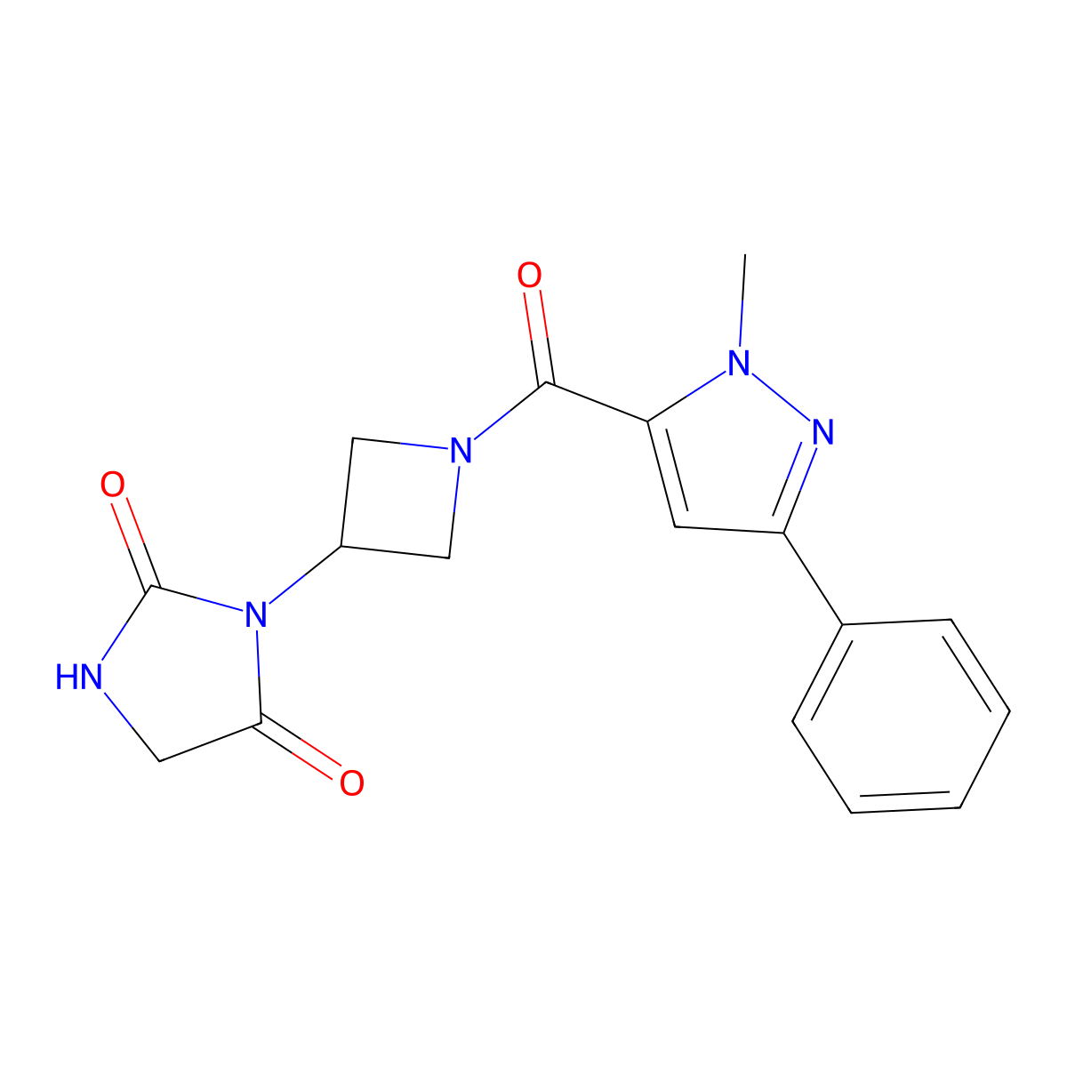 3-[1-(1-methyl-3-phenyl-1H-pyrazole-5-carbonyl)azetidin-3-yl]imidazolidine-2,4-dione molecular structure, CAS 2034433-11-7