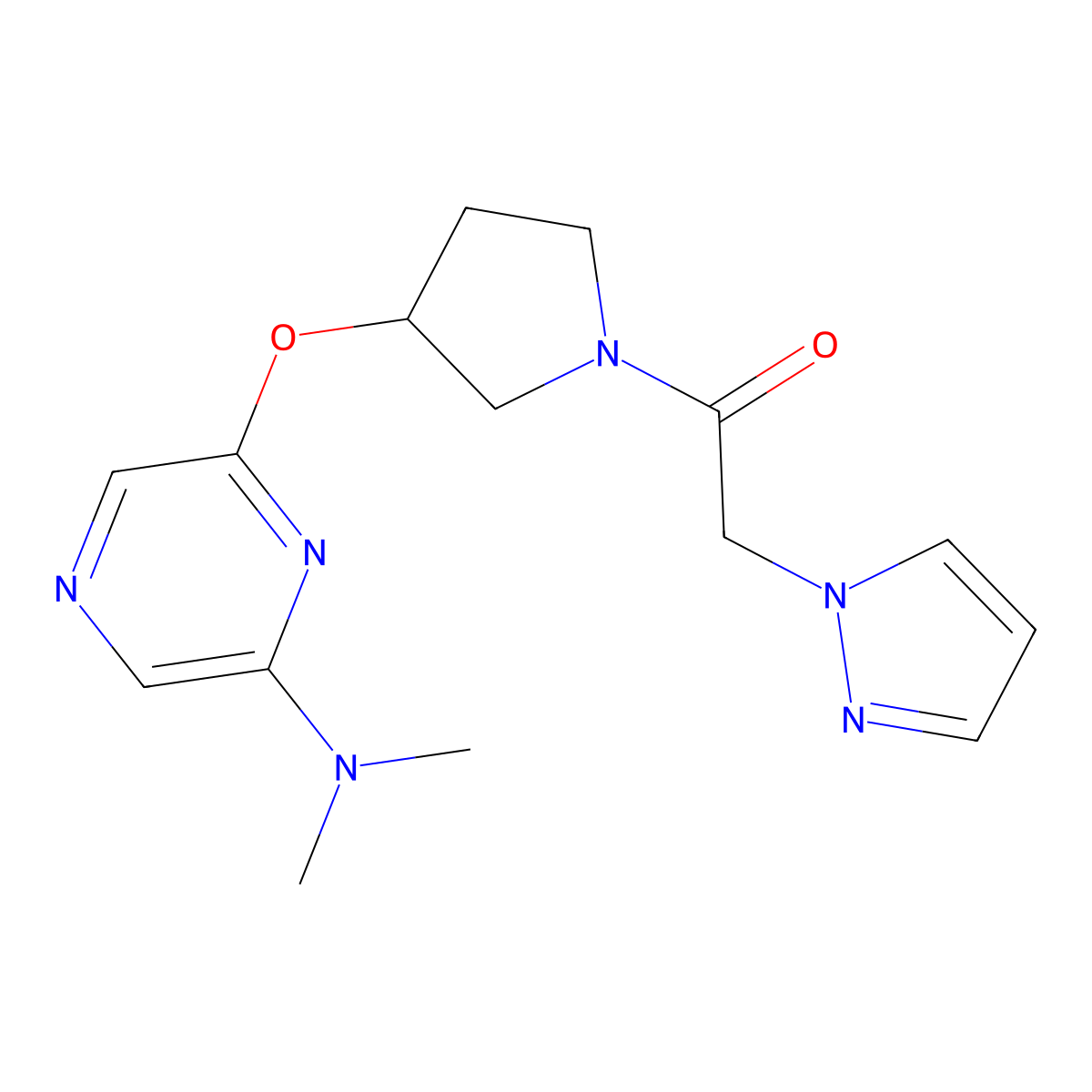 1-(3-((6-(dimethylamino)pyrazin-2-yl)oxy)pyrrolidin-1-yl)-2-(1H-pyrazol-1-yl)ethanone molecular structure, CAS 2034433-14-0