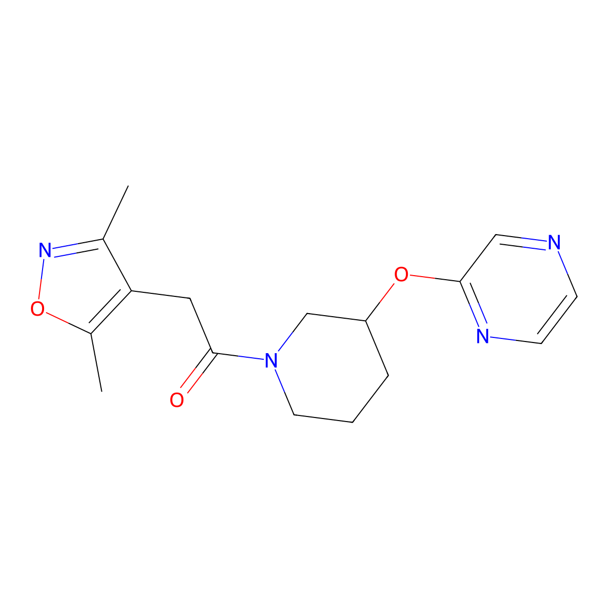 2-(3,5-Dimethylisoxazol-4-yl)-1-(3-(pyrazin-2-yloxy)piperidin-1-yl)ethanone molecular structure, CAS 2034433-28-6