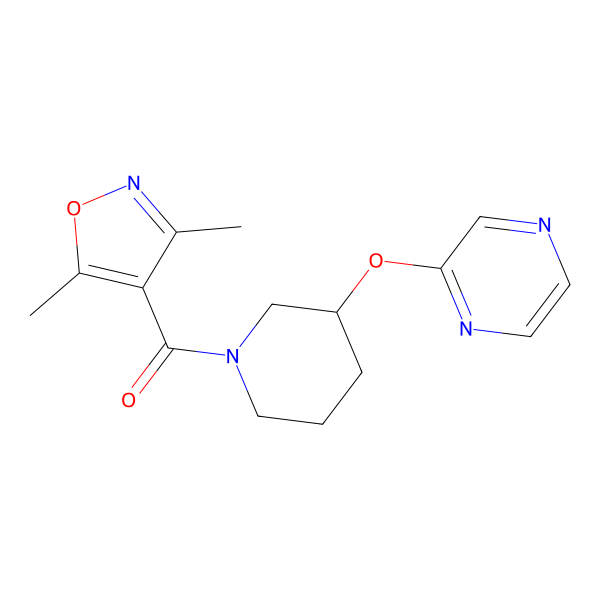 (3,5-Dimethylisoxazol-4-yl)(3-(pyrazin-2-yloxy)piperidin-1-yl)methanone molecular structure, CAS 2034433-44-6