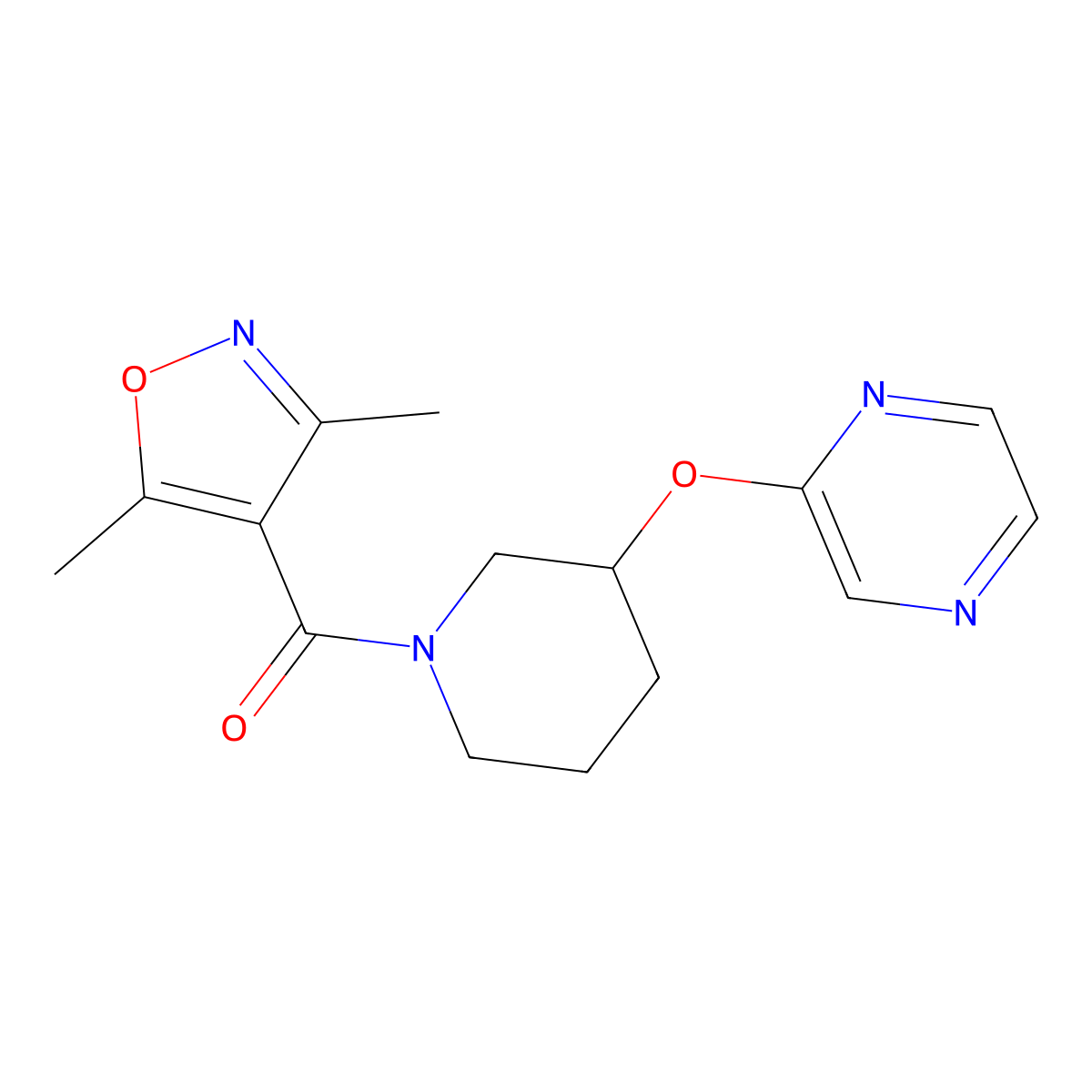(3,5-Dimethylisoxazol-4-yl)(3-(pyrazin-2-yloxy)piperidin-1-yl)methanone molecular structure, CAS 2034433-44-6