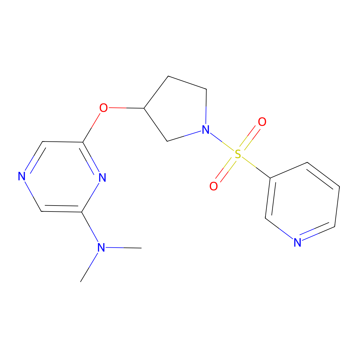 N,N-dimethyl-6-((1-(pyridin-3-ylsulfonyl)pyrrolidin-3-yl)oxy)pyrazin-2-amine molecular structure, CAS 2034433-64-0