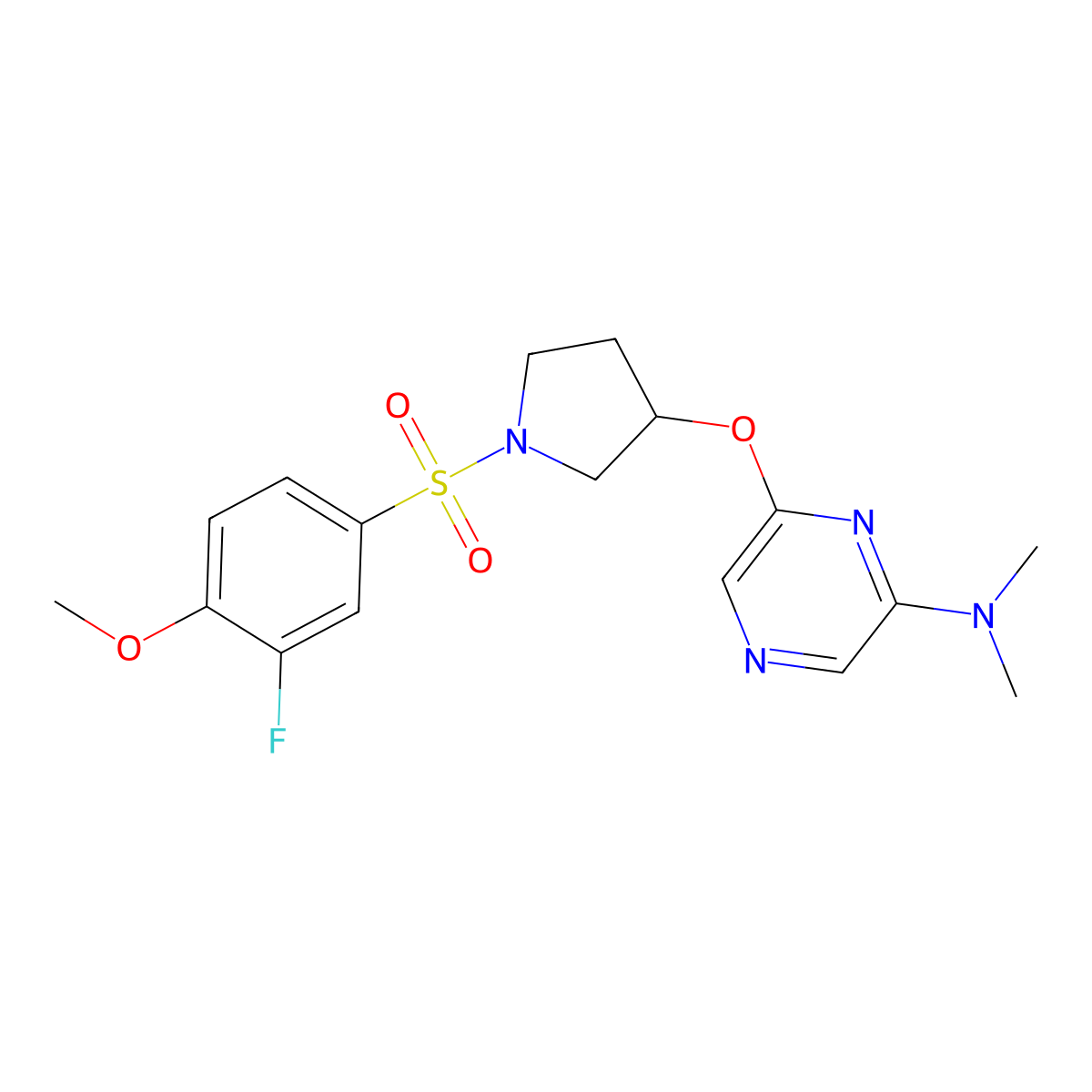 6-((1-((3-fluoro-4-methoxyphenyl)sulfonyl)pyrrolidin-3-yl)oxy)-N,N-dimethylpyrazin-2-amine molecular structure, CAS 2034433-74-2