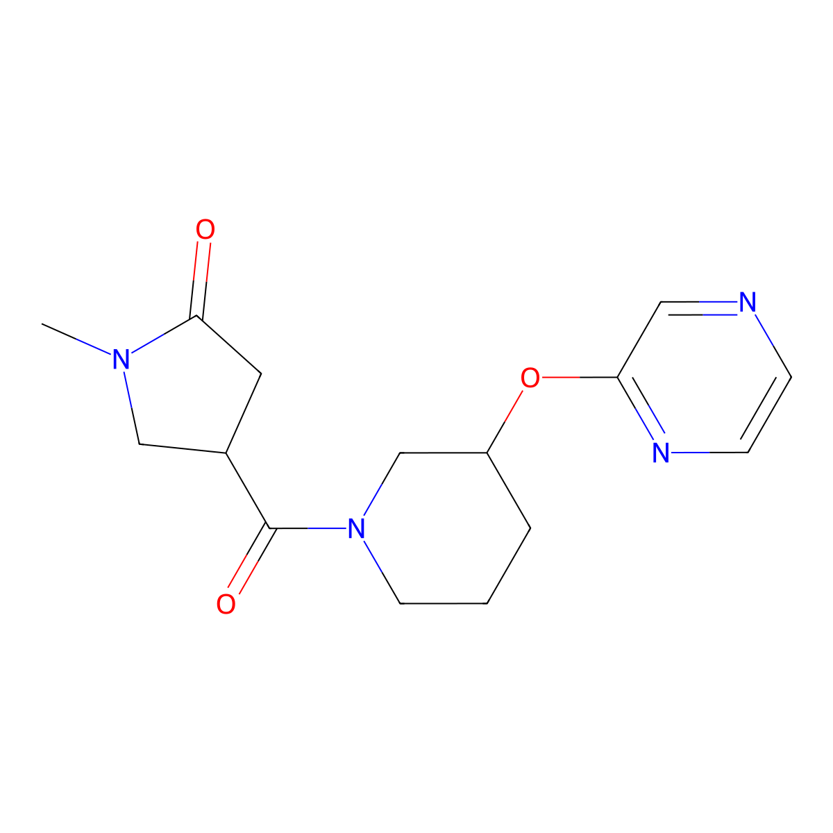 1-Methyl-4-[3-(pyrazin-2-yloxy)piperidine-1-carbonyl]pyrrolidin-2-one molecular structure, CAS 2034433-82-2