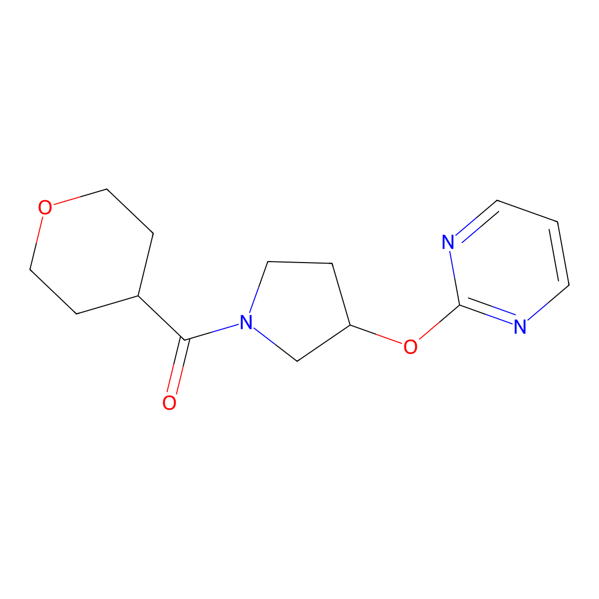 (3-(pyrimidin-2-yloxy)pyrrolidin-1-yl)(tetrahydro-2H-pyran-4-yl)methanone molecular structure, CAS 2034433-94-6