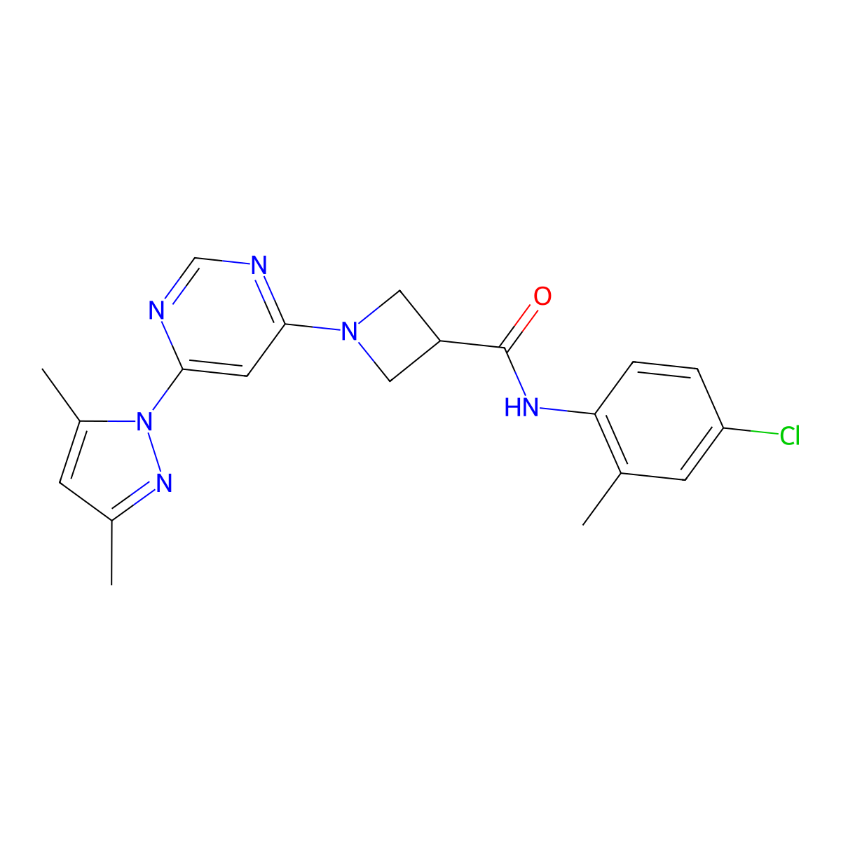 N-(4-chloro-2-methylphenyl)-1-(6-(3,5-dimethyl-1H-pyrazol-1-yl)pyrimidin-4-yl)azetidine-3-carboxamide molecular structure, CAS 2034434-03-0