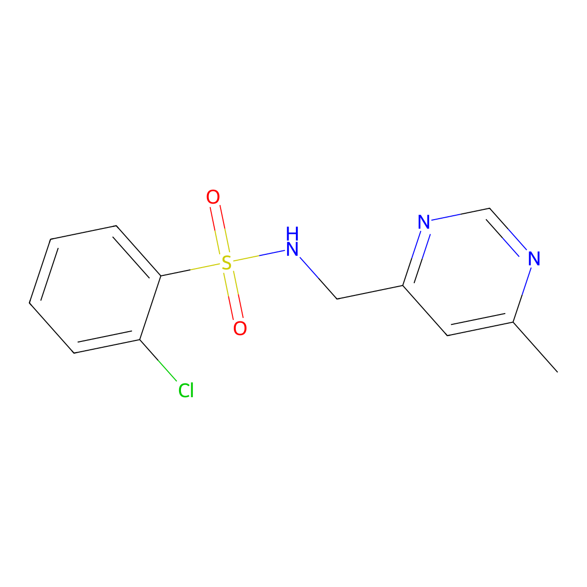 2-chloro-N-((6-methylpyrimidin-4-yl)methyl)benzenesulfonamide molecular structure, CAS 2034434-06-3