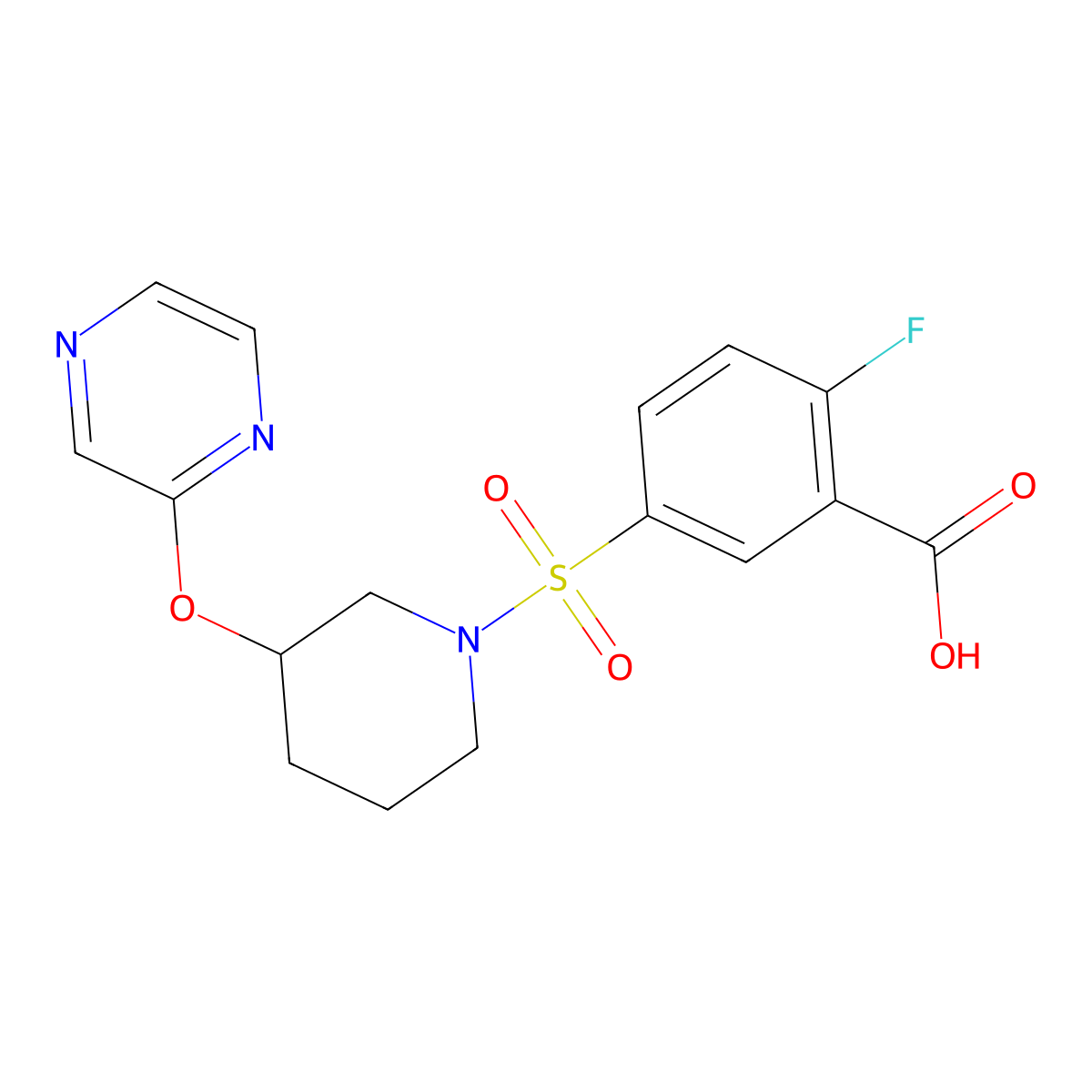 2-Fluoro-5-{[3-(pyrazin-2-yloxy)piperidin-1-yl]sulfonyl}benzoic acid molecular structure, CAS 2034434-11-0