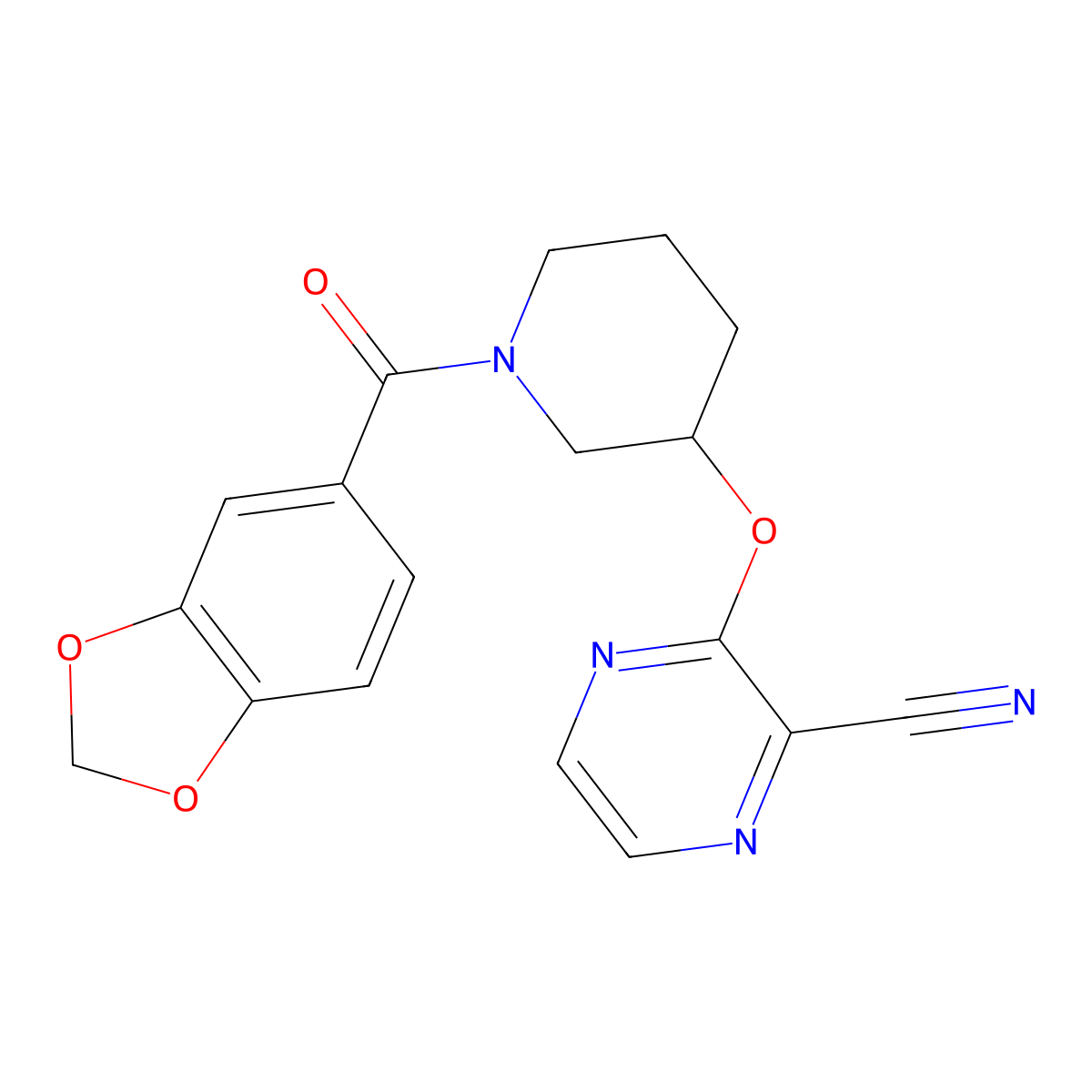 3-((1-(Benzo[d][1,3]dioxole-5-carbonyl)piperidin-3-yl)oxy)pyrazine-2-carbonitrile molecular structure, CAS 2034434-13-2