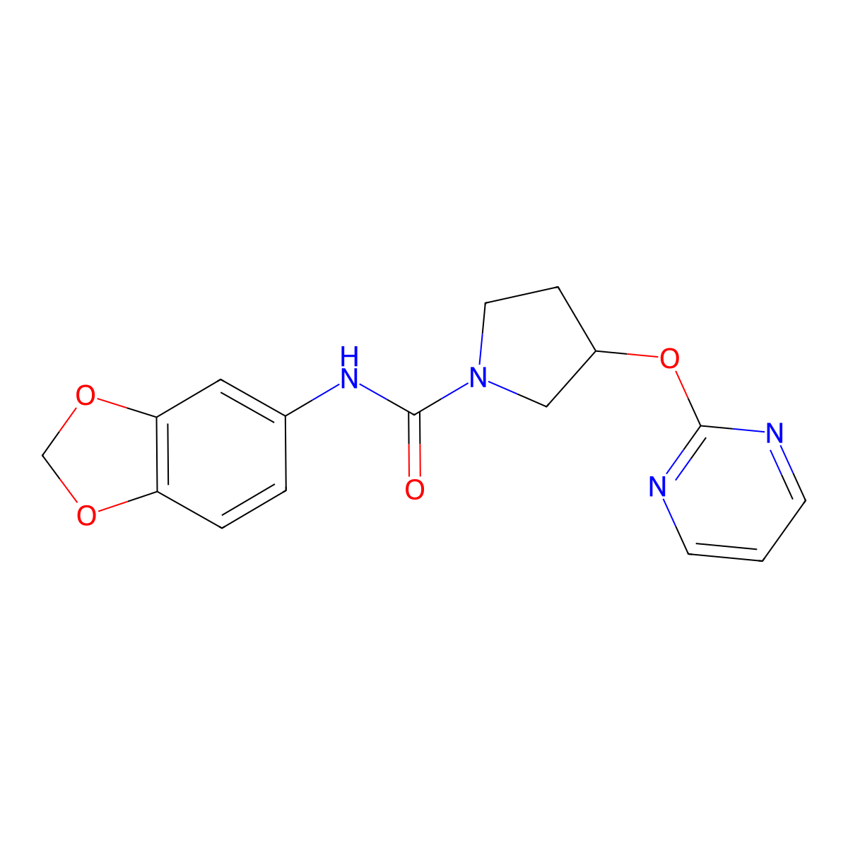 N-(benzo[d][1,3]dioxol-5-yl)-3-(pyrimidin-2-yloxy)pyrrolidine-1-carboxamide molecular structure, CAS 2034434-14-3