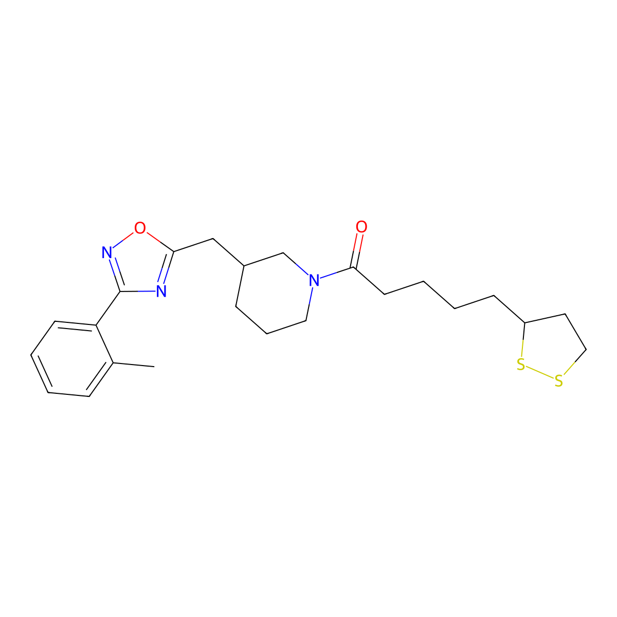 5-(1,2-Dithiolan-3-yl)-1-(3-((3-(o-tolyl)-1,2,4-oxadiazol-5-yl)methyl)piperidin-1-yl)pentan-1-one molecular structure, CAS 2034434-15-4