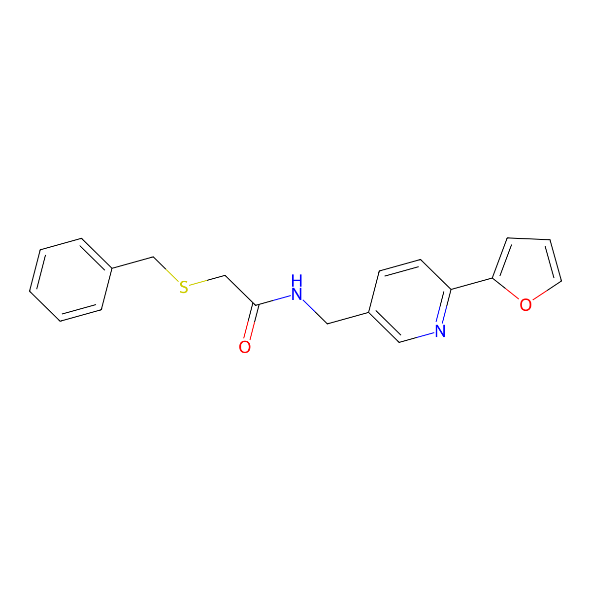 2-(benzylthio)-N-((6-(furan-2-yl)pyridin-3-yl)methyl)acetamide molecular structure, CAS 2034434-21-2