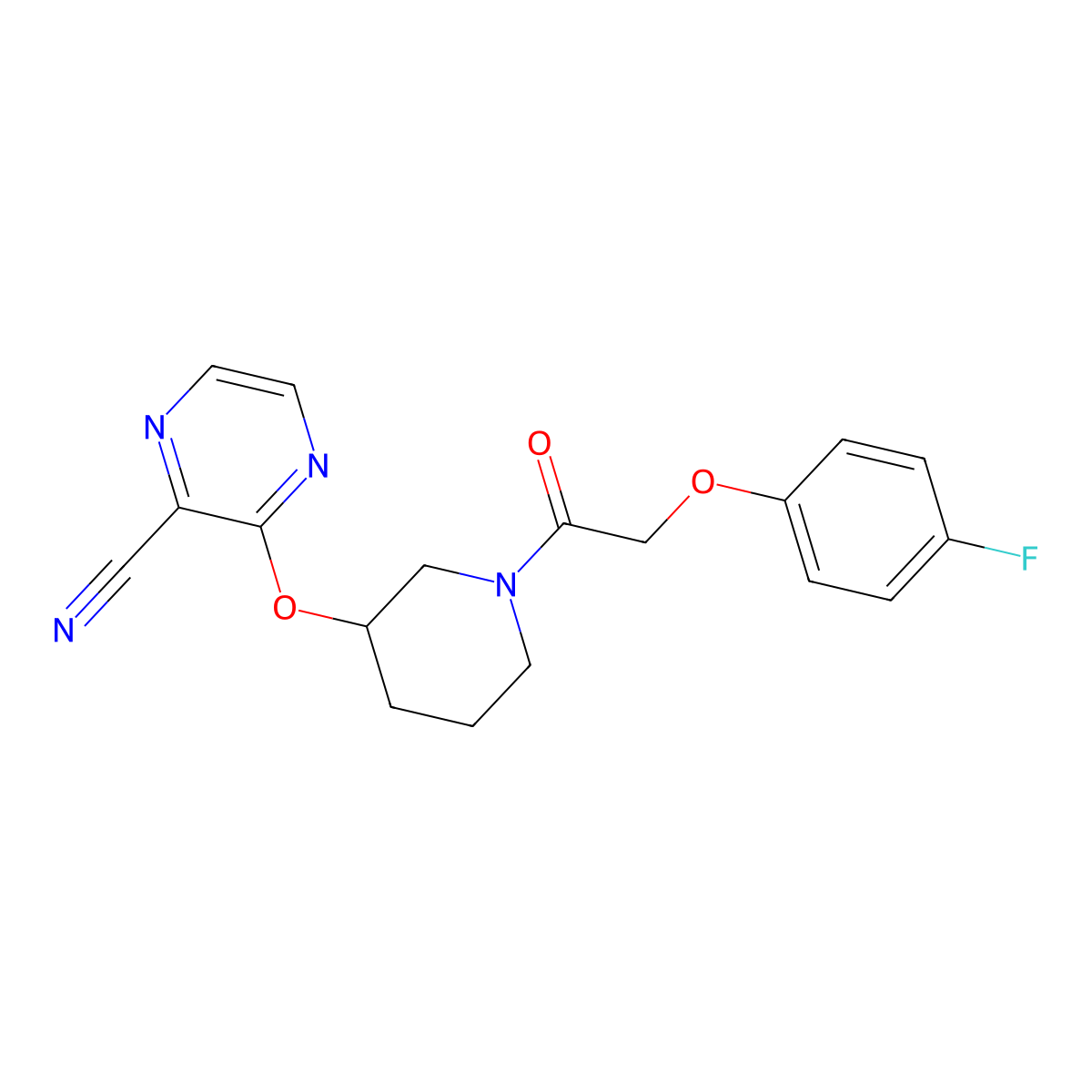 3-((1-(2-(4-Fluorophenoxy)acetyl)piperidin-3-yl)oxy)pyrazine-2-carbonitrile molecular structure, CAS 2034434-30-3