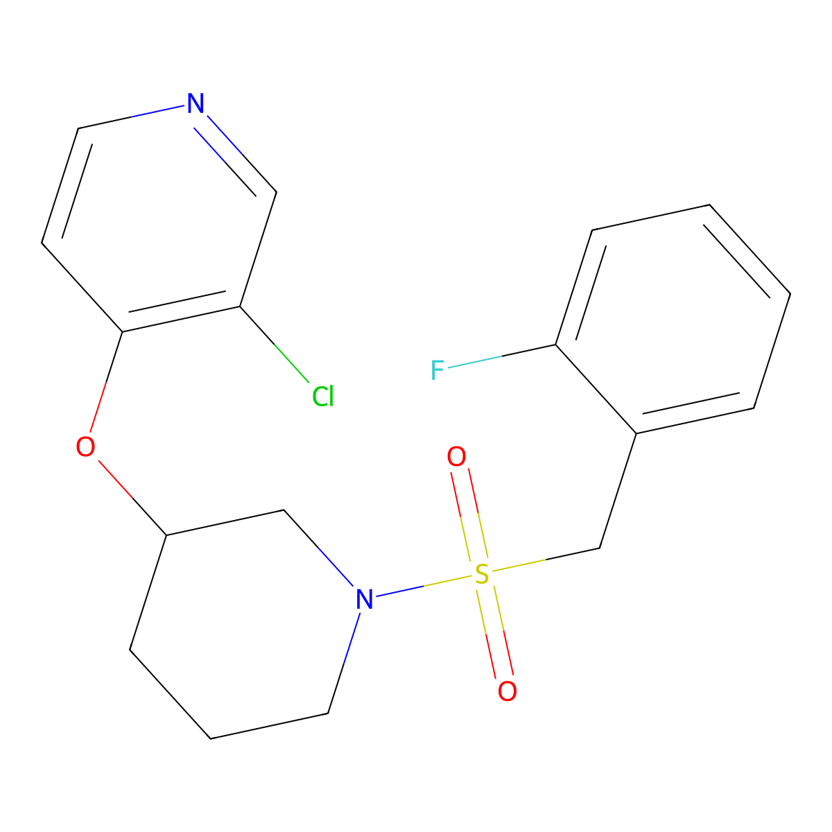 3-Chloro-4-((1-((2-fluorobenzyl)sulfonyl)piperidin-3-yl)oxy)pyridine molecular structure, CAS 2034434-50-7