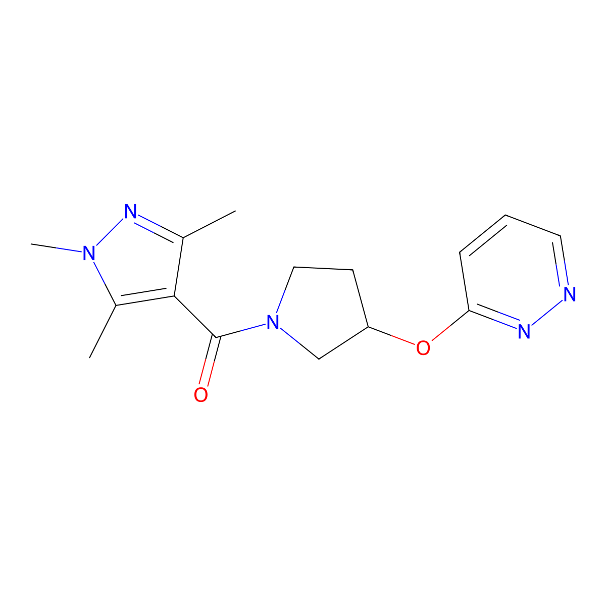 (3-(pyridazin-3-yloxy)pyrrolidin-1-yl)(1,3,5-trimethyl-1H-pyrazol-4-yl)methanone molecular structure, CAS 2034434-57-4
