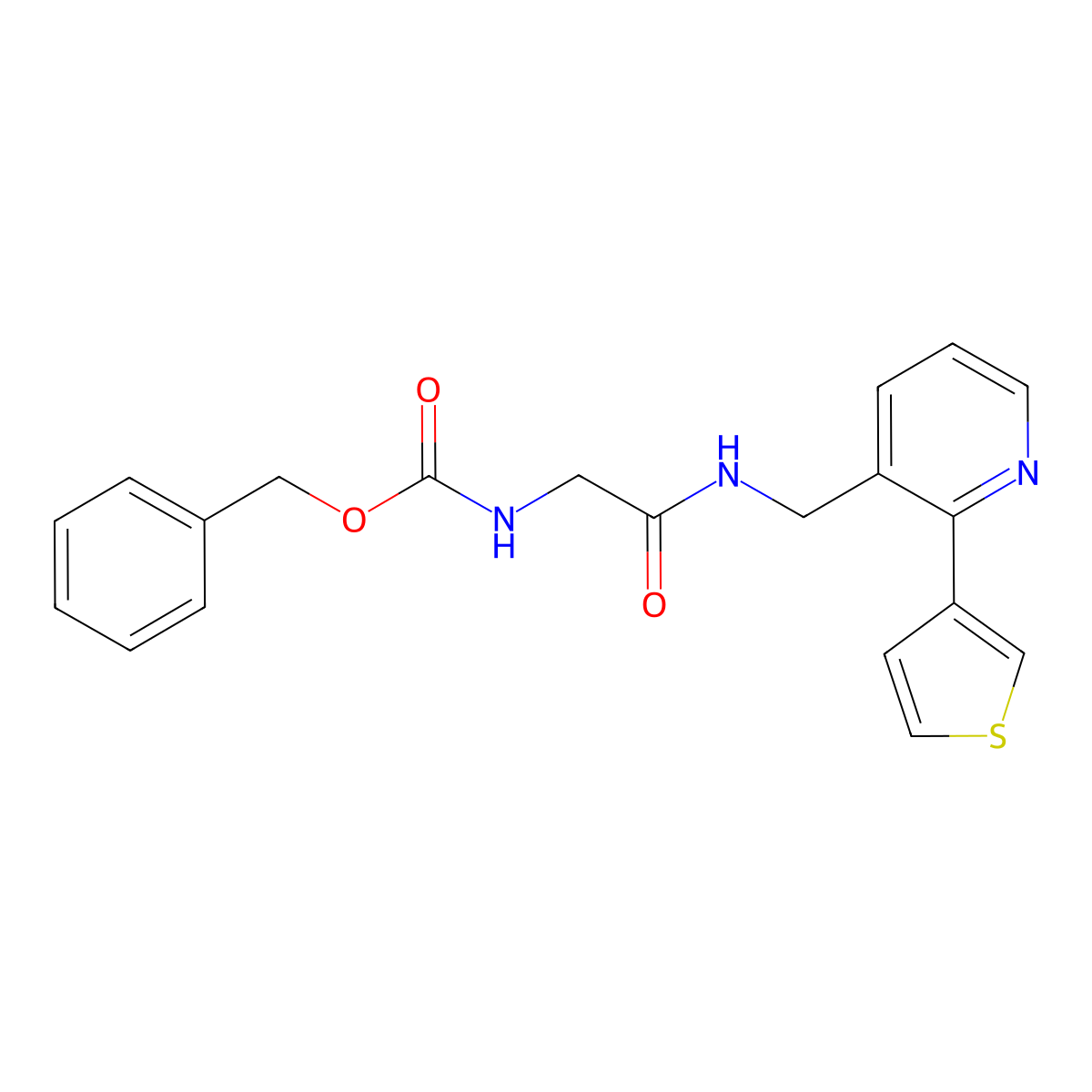 Benzyl (2-oxo-2-(((2-(thiophen-3-yl)pyridin-3-yl)methyl)amino)ethyl)carbamate molecular structure, CAS 2034434-62-1