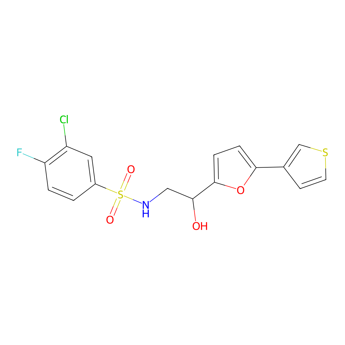 3-chloro-4-fluoro-N-(2-hydroxy-2-(5-(thiophen-3-yl)furan-2-yl)ethyl)benzenesulfonamide molecular structure, CAS 2034434-66-5