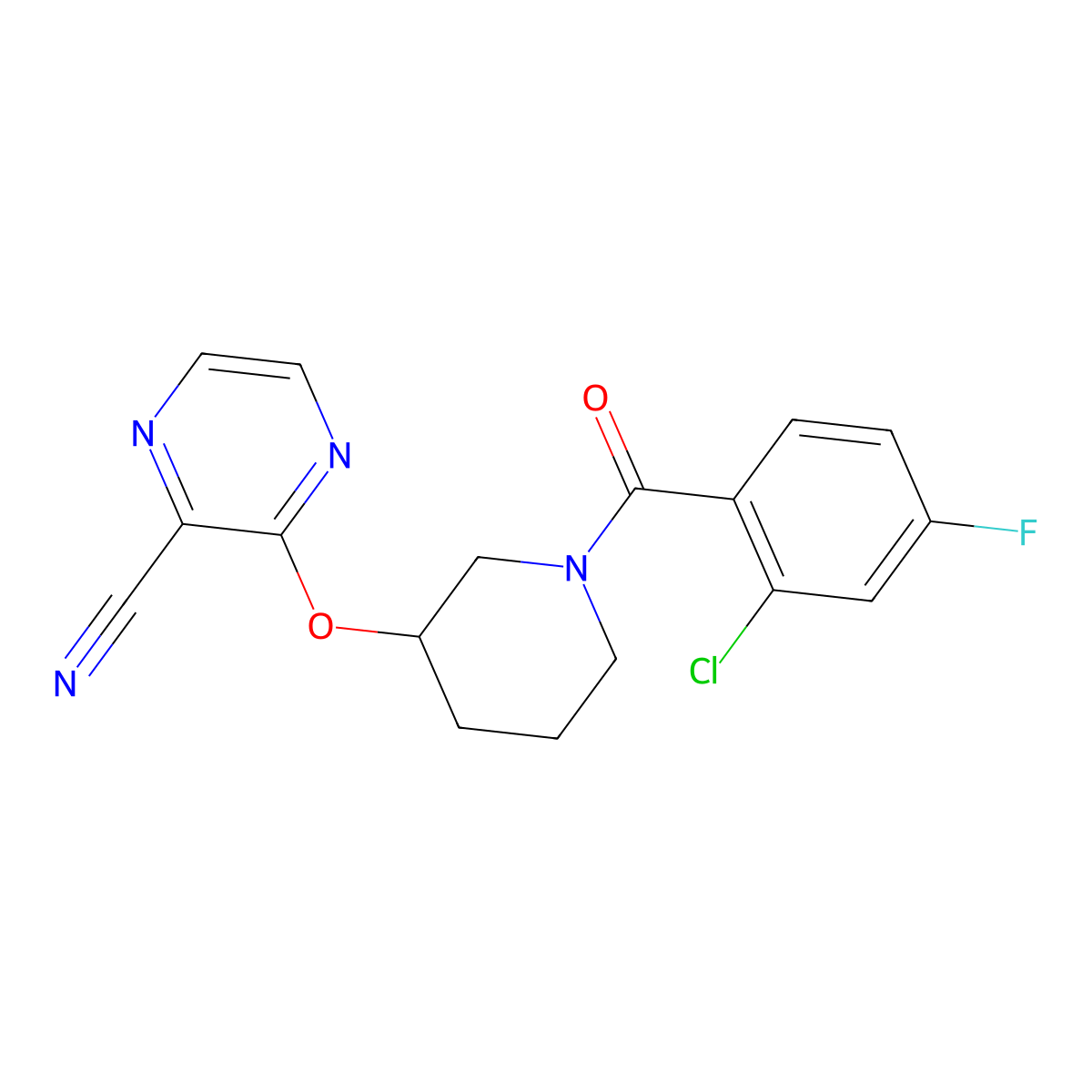 3-((1-(2-Chloro-4-fluorobenzoyl)piperidin-3-yl)oxy)pyrazine-2-carbonitrile molecular structure, CAS 2034434-70-1