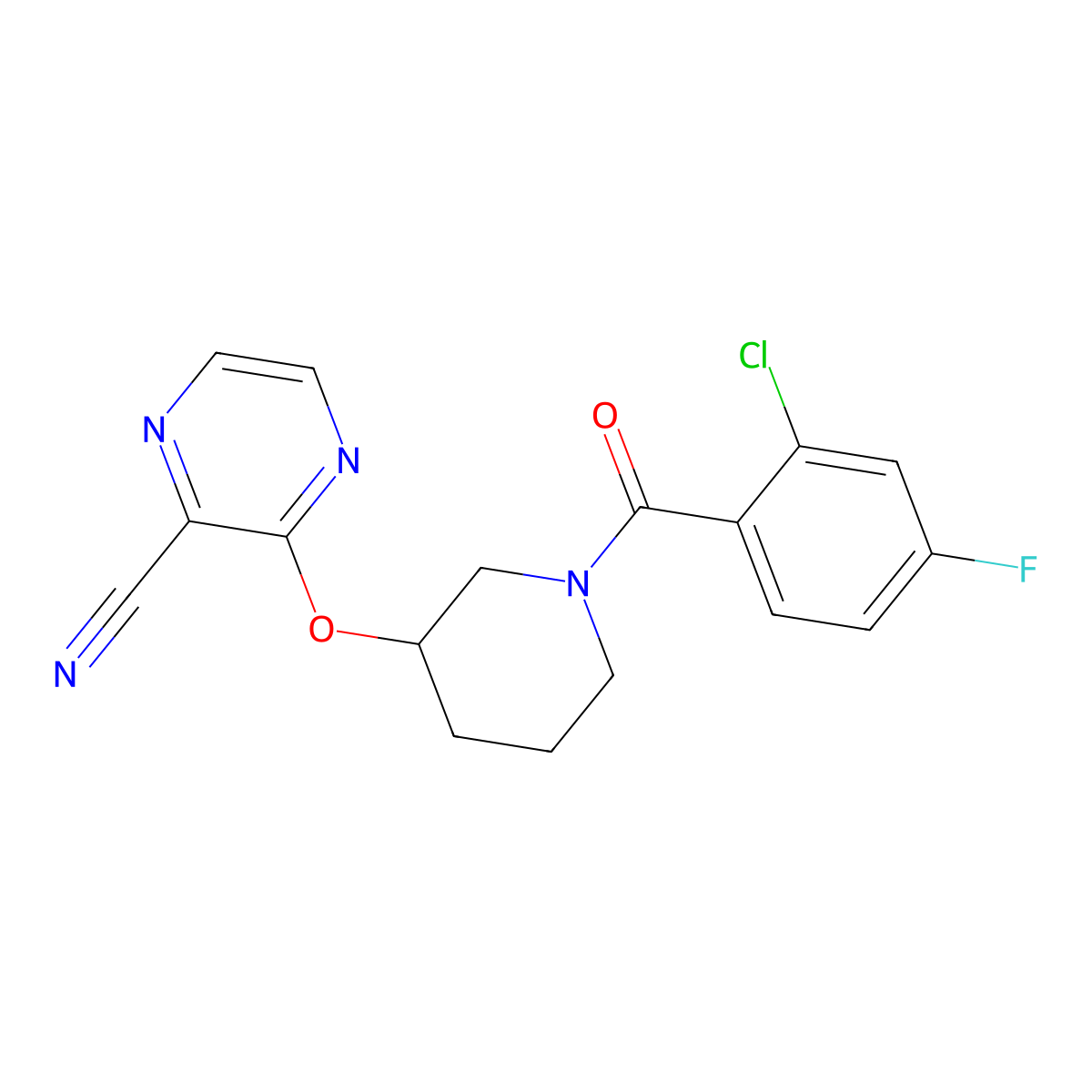 3-((1-(2-Chloro-4-fluorobenzoyl)piperidin-3-yl)oxy)pyrazine-2-carbonitrile molecular structure, CAS 2034434-70-1