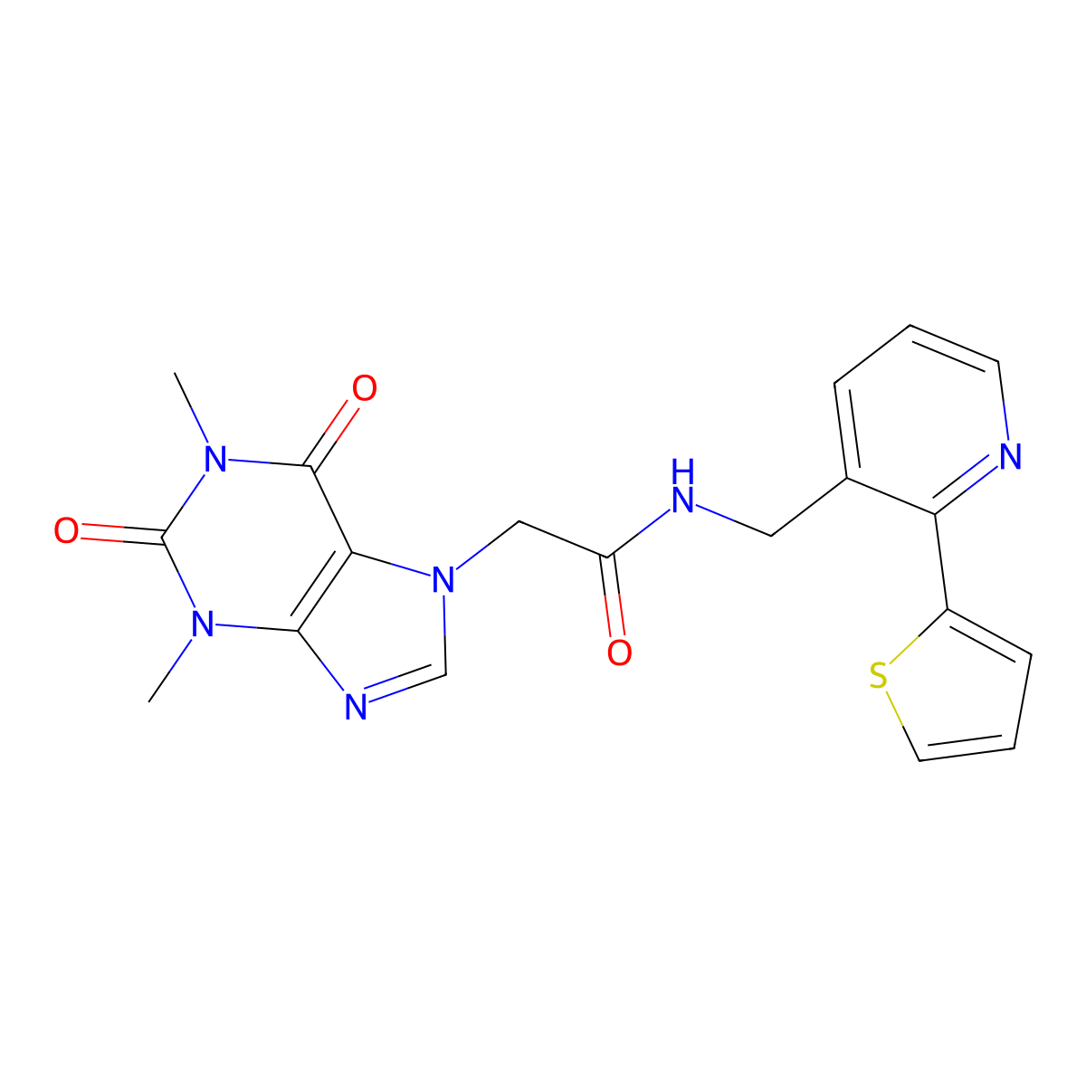 2-(1,3-dimethyl-2,6-dioxo-2,3-dihydro-1H-purin-7(6H)-yl)-N-((2-(thiophen-2-yl)pyridin-3-yl)methyl)acetamide molecular structure, CAS 2034434-72-3