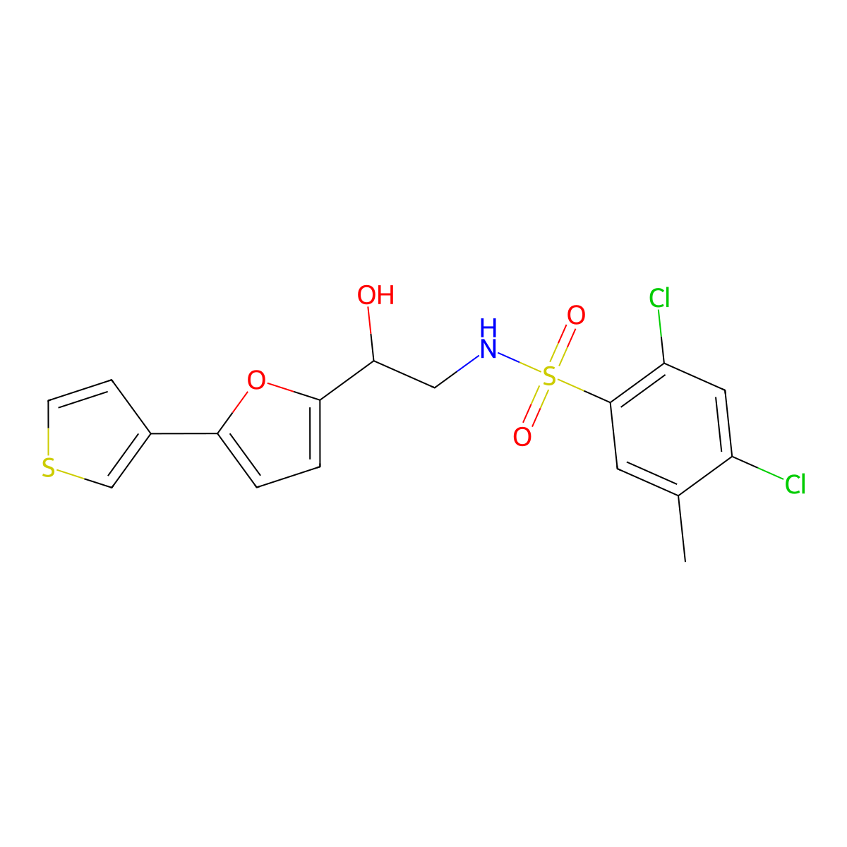 2,4-dichloro-N-(2-hydroxy-2-(5-(thiophen-3-yl)furan-2-yl)ethyl)-5-methylbenzenesulfonamide molecular structure, CAS 2034434-73-4