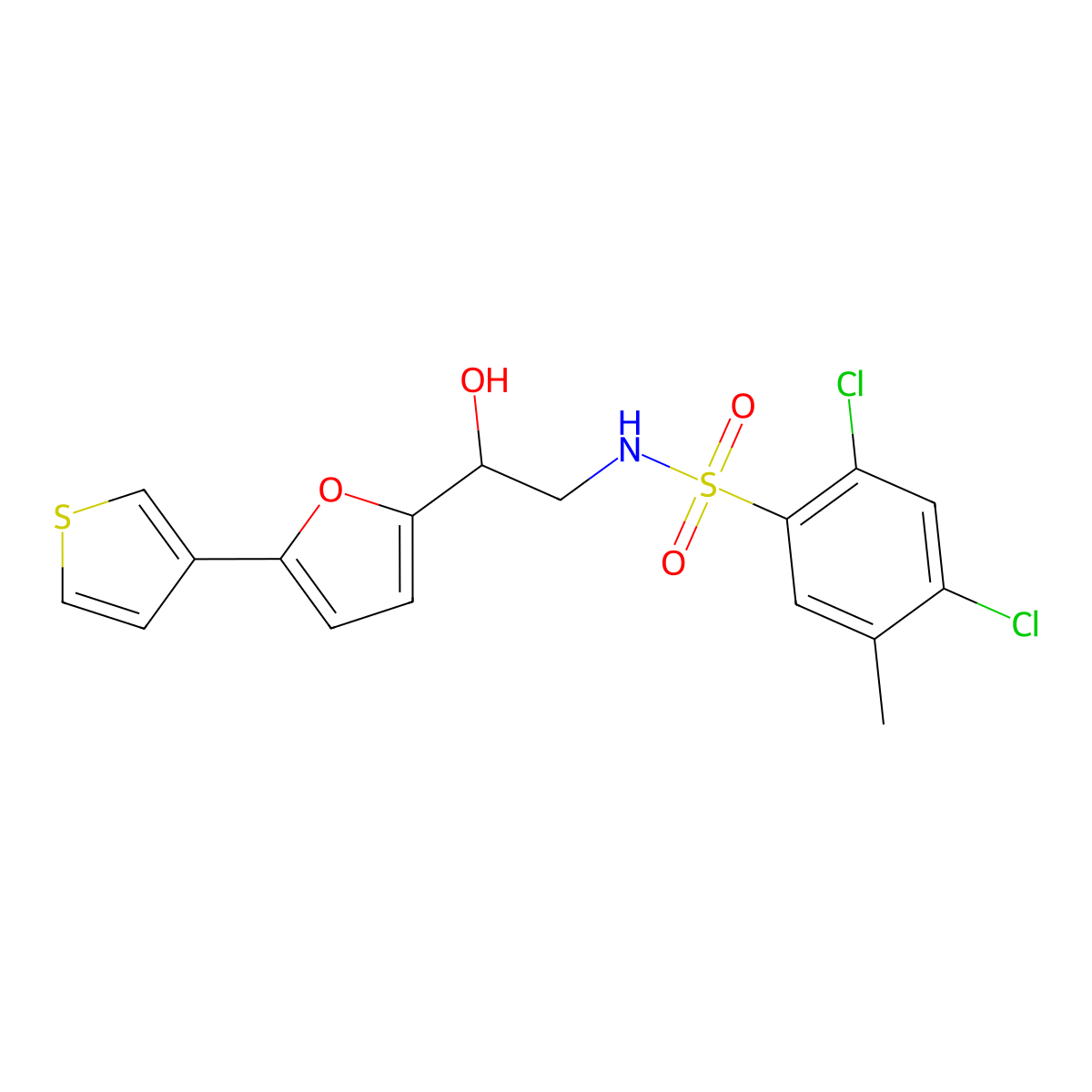 2,4-dichloro-N-(2-hydroxy-2-(5-(thiophen-3-yl)furan-2-yl)ethyl)-5-methylbenzenesulfonamide molecular structure, CAS 2034434-73-4