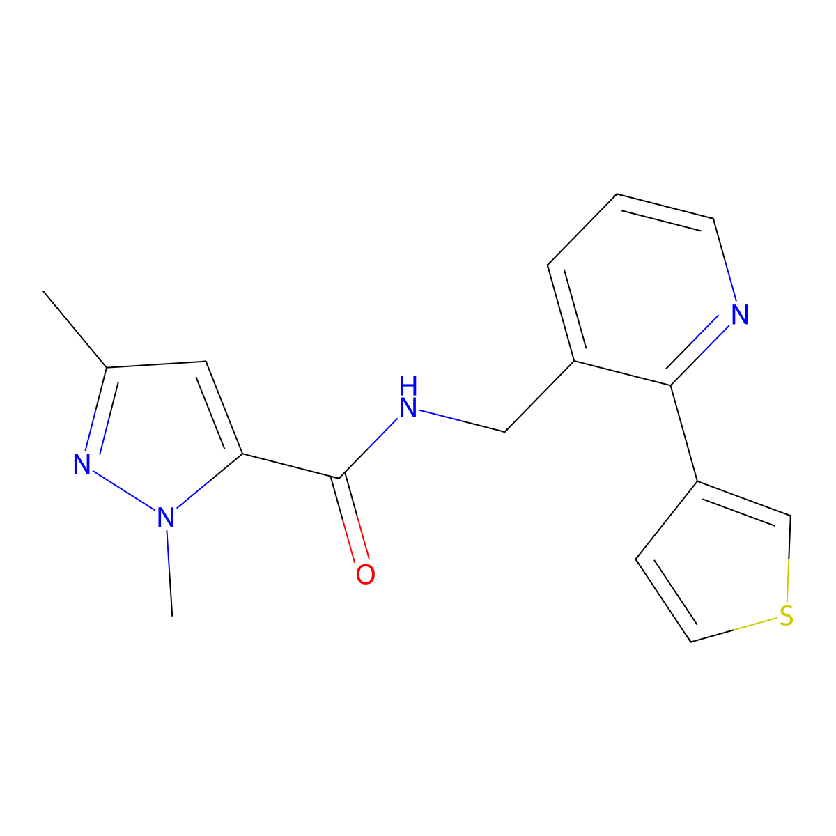 1,3-dimethyl-N-((2-(thiophen-3-yl)pyridin-3-yl)methyl)-1H-pyrazole-5-carboxamide molecular structure, CAS 2034434-84-7