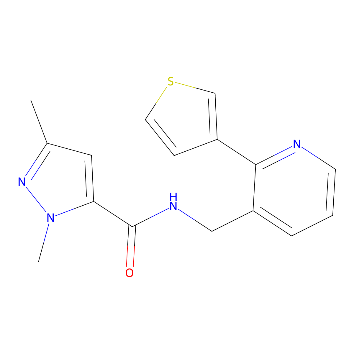 1,3-dimethyl-N-((2-(thiophen-3-yl)pyridin-3-yl)methyl)-1H-pyrazole-5-carboxamide molecular structure, CAS 2034434-84-7