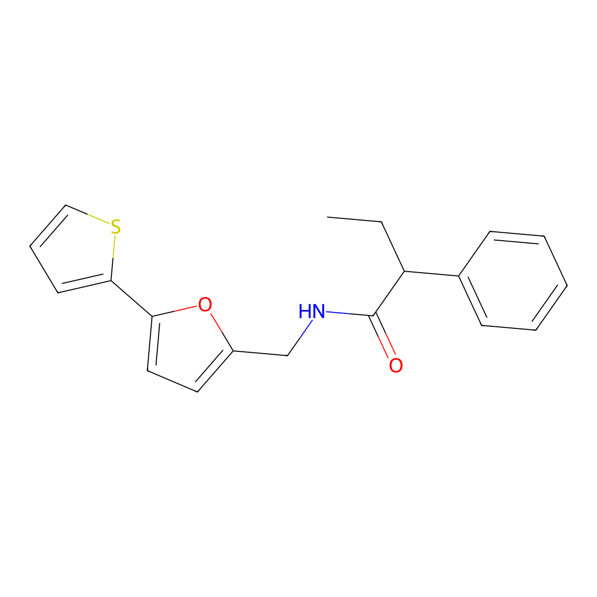 2-phenyl-N-((5-(thiophen-2-yl)furan-2-yl)methyl)butanamide molecular structure, CAS 2034434-85-8