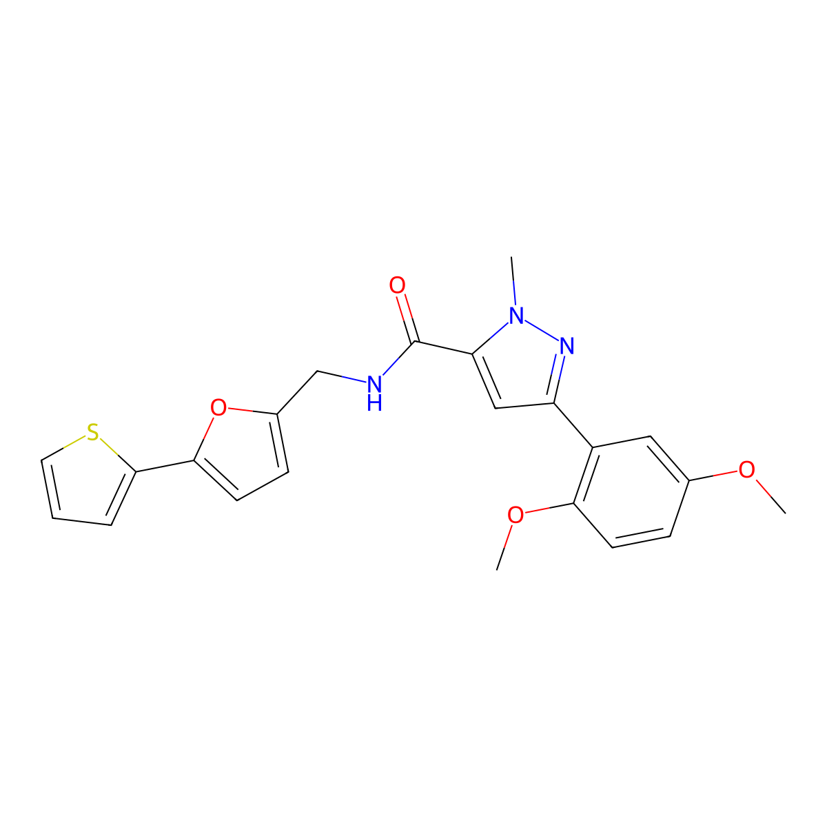 3-(2,5-dimethoxyphenyl)-1-methyl-N-((5-(thiophen-2-yl)furan-2-yl)methyl)-1H-pyrazole-5-carboxamide molecular structure, CAS 2034434-92-7