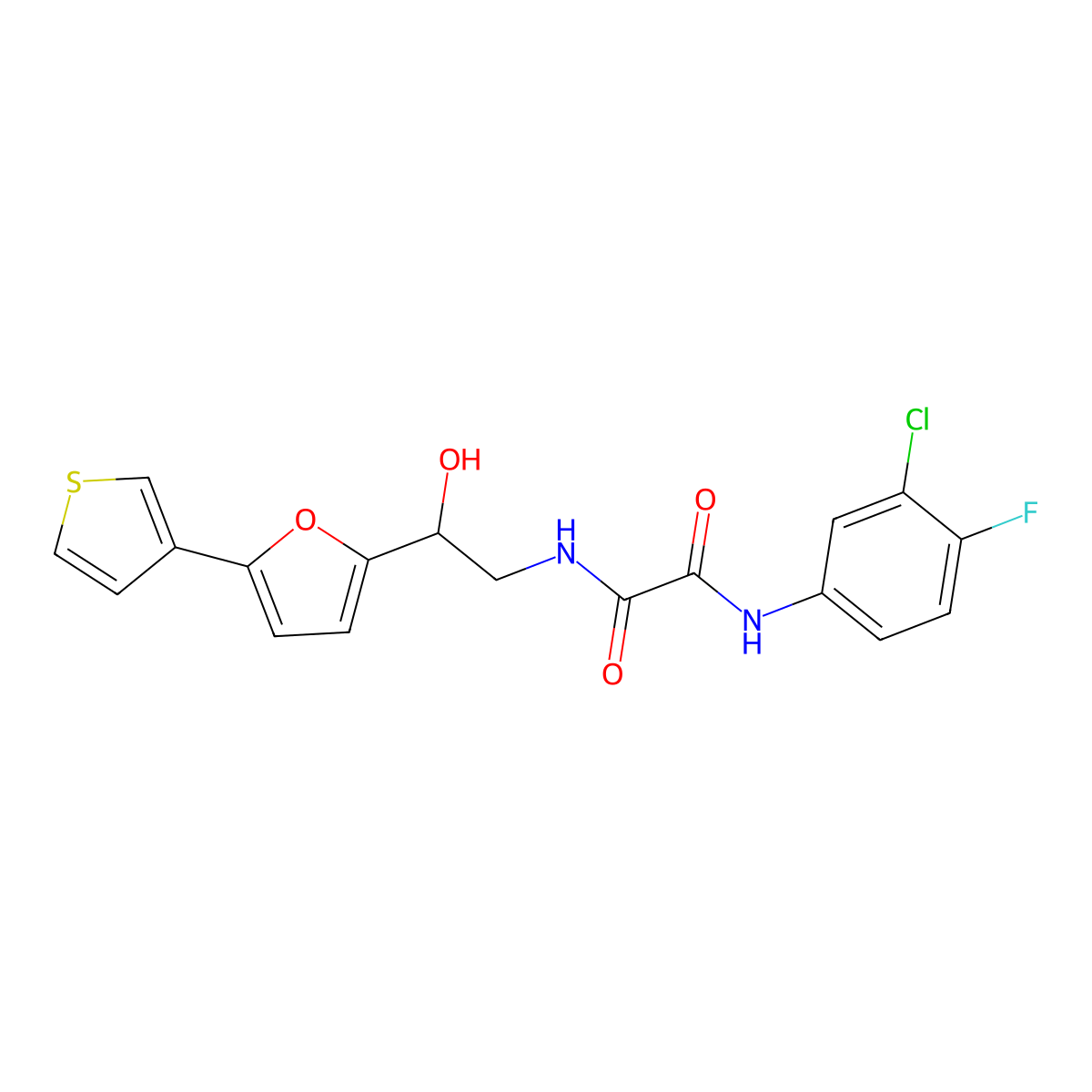 N1-(3-chloro-4-fluorophenyl)-N2-(2-hydroxy-2-(5-(thiophen-3-yl)furan-2-yl)ethyl)oxalamide molecular structure, CAS 2034435-04-4