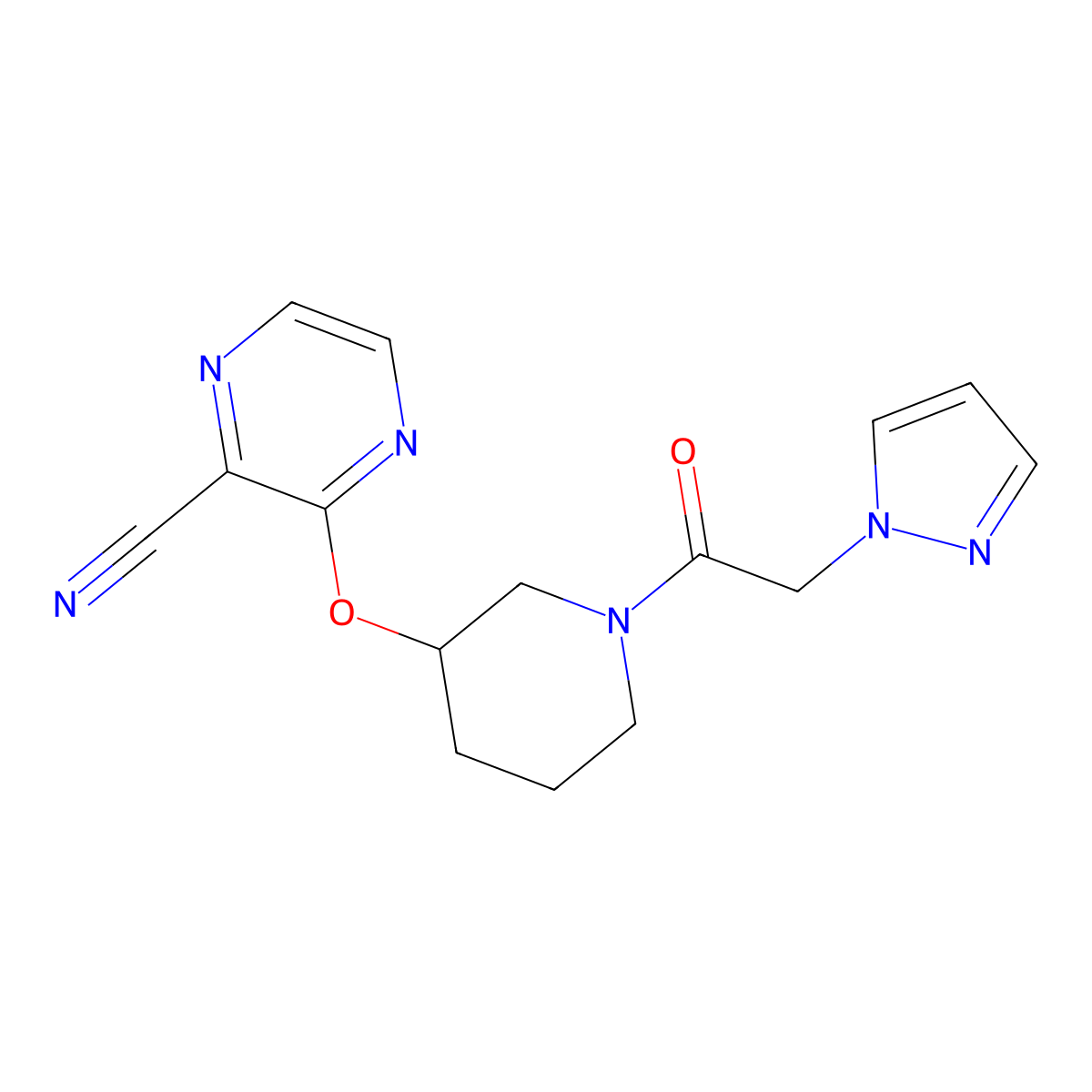3-((1-(2-(1H-pyrazol-1-yl)acetyl)piperidin-3-yl)oxy)pyrazine-2-carbonitrile molecular structure, CAS 2034435-08-8