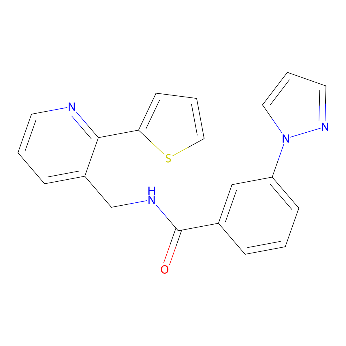 3-(1H-pyrazol-1-yl)-N-{[2-(thiophen-2-yl)pyridin-3-yl]methyl}benzamide molecular structure, CAS 2034435-12-4