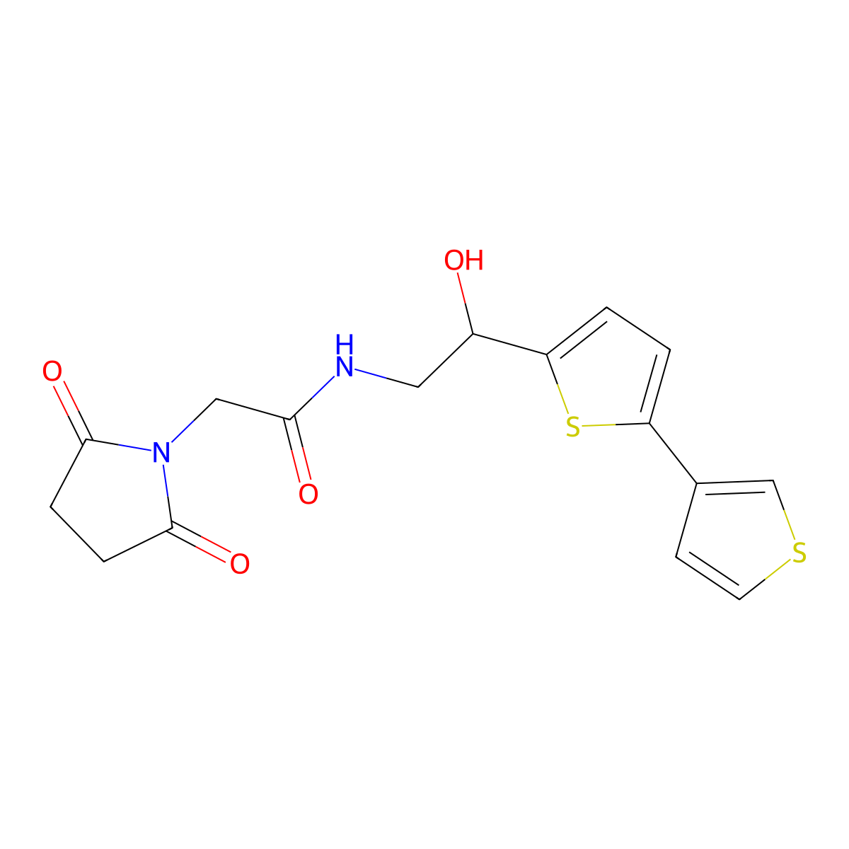 N-(2-([2,3'-bithiophen]-5-yl)-2-hydroxyethyl)-2-(2,5-dioxopyrrolidin-1-yl)acetamide molecular structure, CAS 2034435-18-0