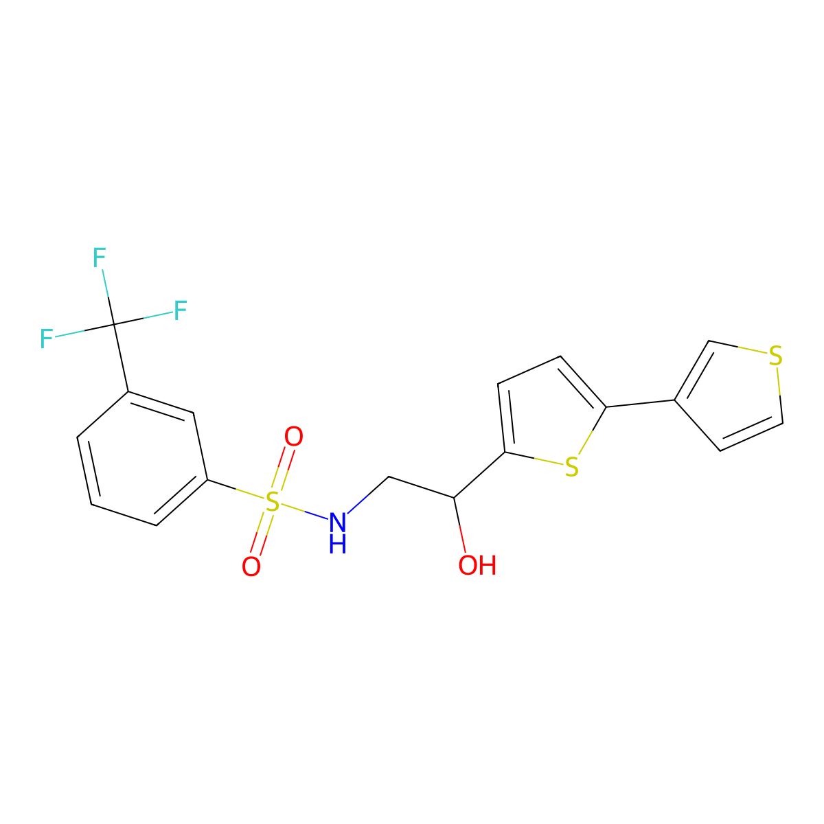 N-(2-([2,3'-bithiophen]-5-yl)-2-hydroxyethyl)-3-(trifluoromethyl)benzenesulfonamide molecular structure, CAS 2034435-25-9