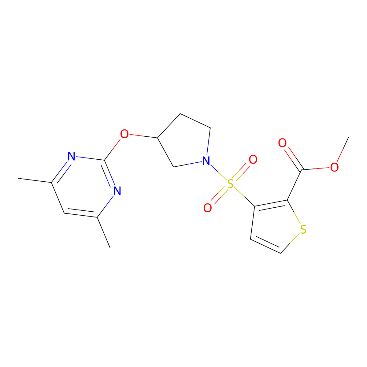 Methyl 3-((3-((4,6-dimethylpyrimidin-2-yl)oxy)pyrrolidin-1-yl)sulfonyl)thiophene-2-carboxylate molecular structure, CAS 2034435-34-0