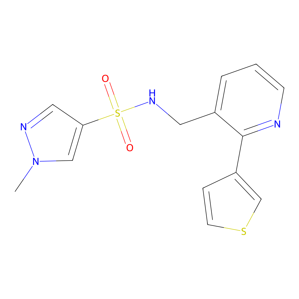 1-methyl-N-{[2-(thiophen-3-yl)pyridin-3-yl]methyl}-1H-pyrazole-4-sulfonamide molecular structure, CAS 2034435-38-4
