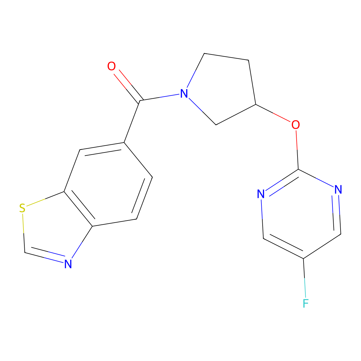 Benzo[d]thiazol-6-yl(3-((5-fluoropyrimidin-2-yl)oxy)pyrrolidin-1-yl)methanone molecular structure, CAS 2034435-53-3