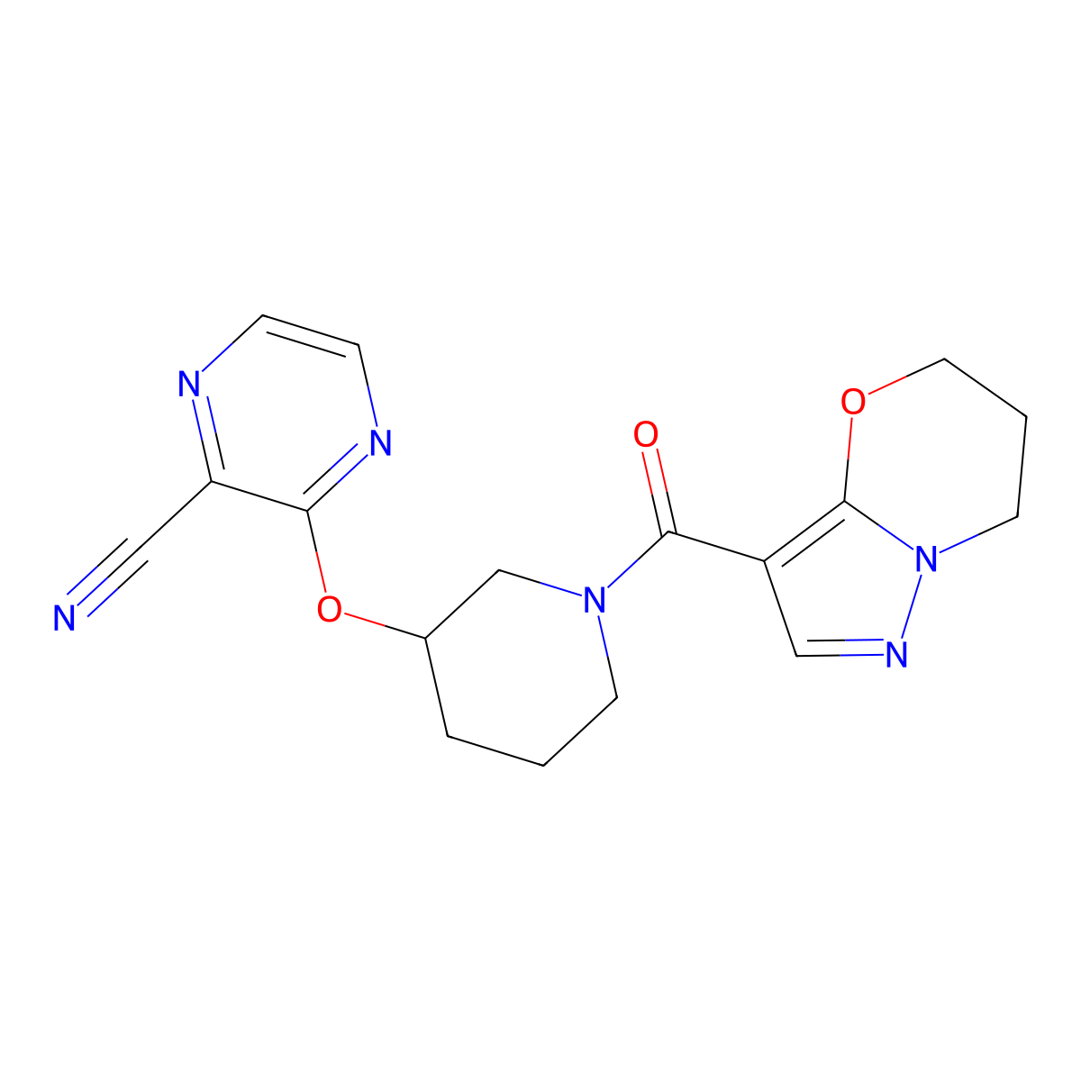 3-((1-(6,7-dihydro-5H-pyrazolo[5,1-b][1,3]oxazine-3-carbonyl)piperidin-3-yl)oxy)pyrazine-2-carbonitrile molecular structure, CAS 2034435-60-2