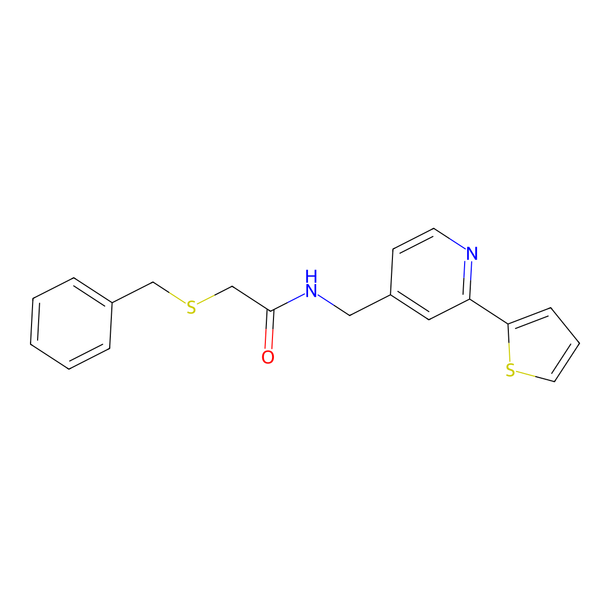 2-(benzylthio)-N-((2-(thiophen-2-yl)pyridin-4-yl)methyl)acetamide molecular structure, CAS 2034435-67-9