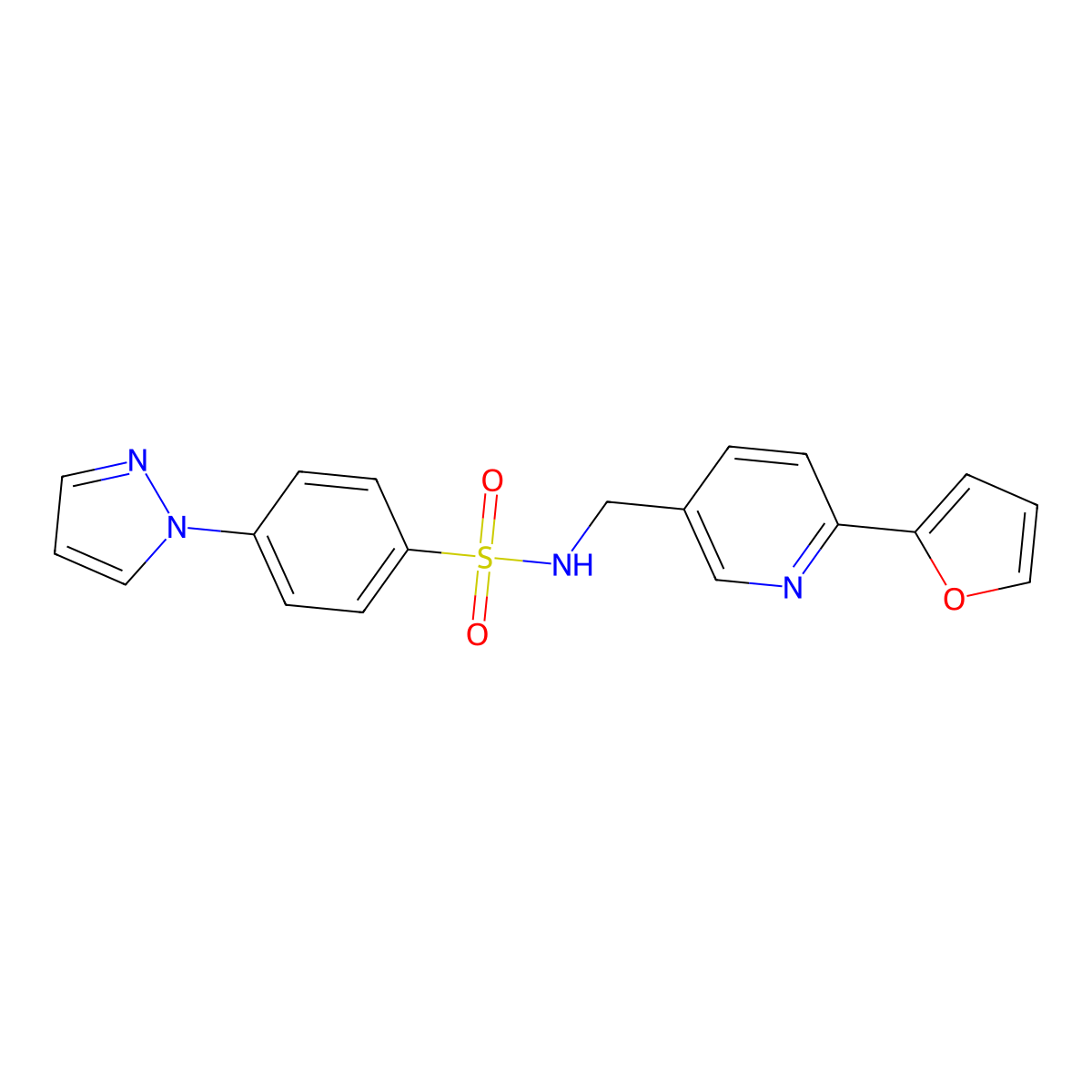 N-((6-(furan-2-yl)pyridin-3-yl)methyl)-4-(1H-pyrazol-1-yl)benzenesulfonamide molecular structure, CAS 2034435-71-5