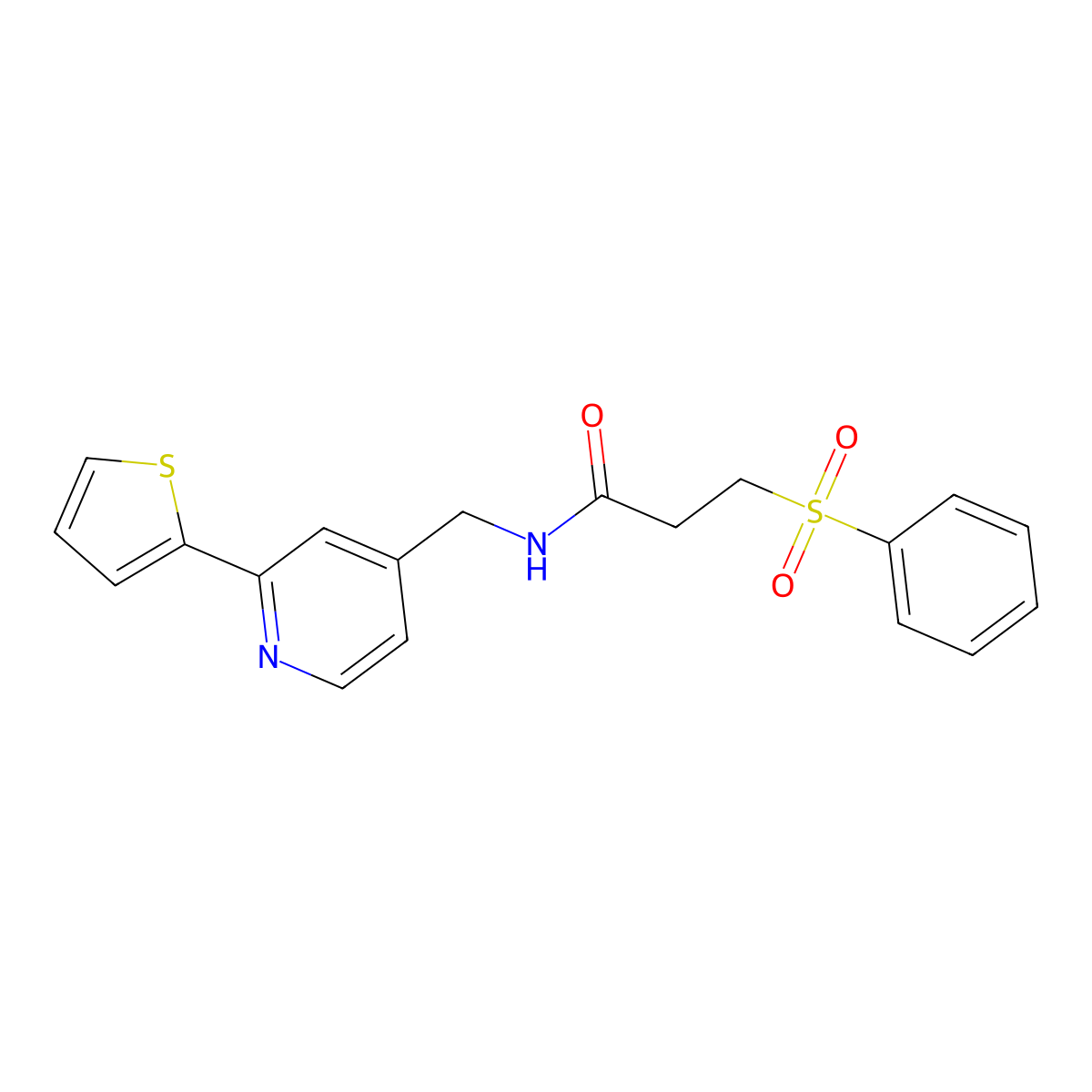 3-(phenylsulfonyl)-N-((2-(thiophen-2-yl)pyridin-4-yl)methyl)propanamide molecular structure, CAS 2034435-73-7