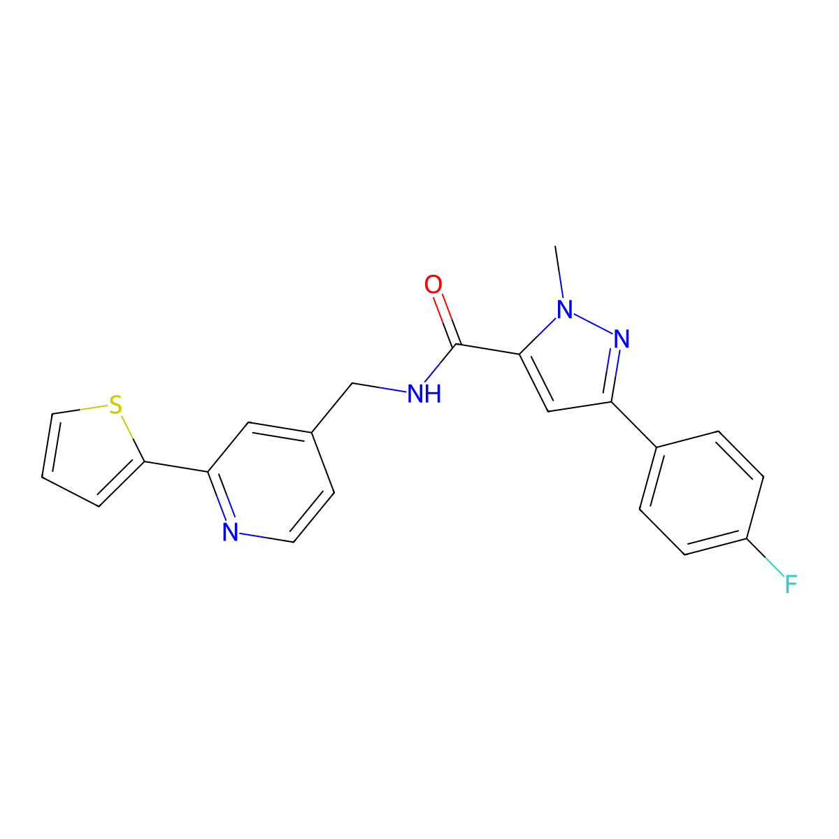 3-(4-fluorophenyl)-1-methyl-N-((2-(thiophen-2-yl)pyridin-4-yl)methyl)-1H-pyrazole-5-carboxamide molecular structure, CAS 2034435-78-2