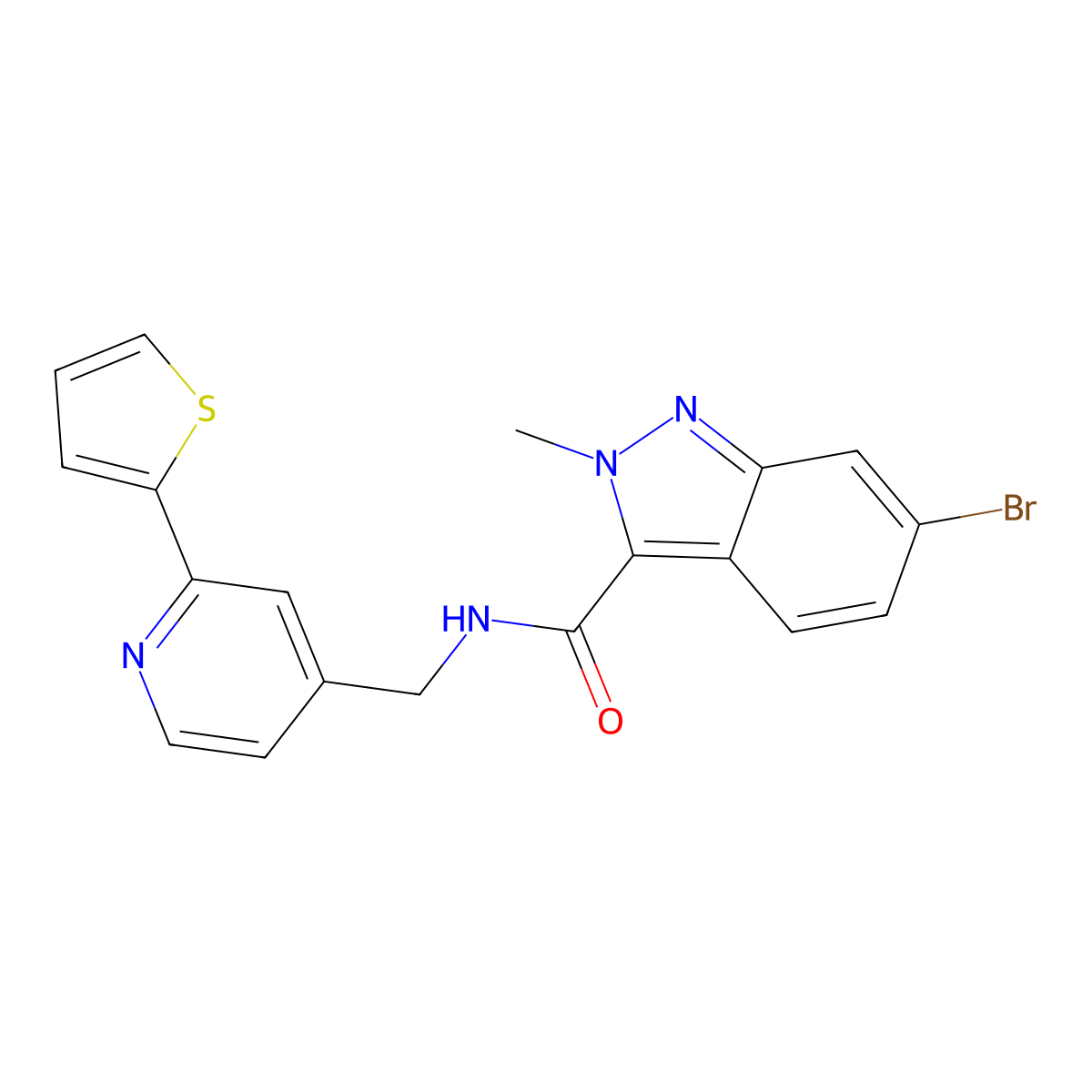 6-bromo-2-methyl-N-((2-(thiophen-2-yl)pyridin-4-yl)methyl)-2H-indazole-3-carboxamide molecular structure, CAS 2034436-02-5