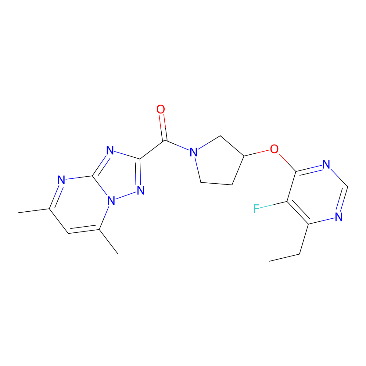(5,7-Dimethyl-[1,2,4]triazolo[1,5-a]pyrimidin-2-yl)(3-((6-ethyl-5-fluoropyrimidin-4-yl)oxy)pyrrolidin-1-yl)methanone molecular structure, CAS 2034436-10-5