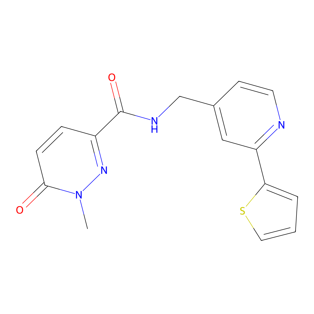 1-methyl-6-oxo-N-((2-(thiophen-2-yl)pyridin-4-yl)methyl)-1,6-dihydropyridazine-3-carboxamide molecular structure, CAS 2034436-19-4