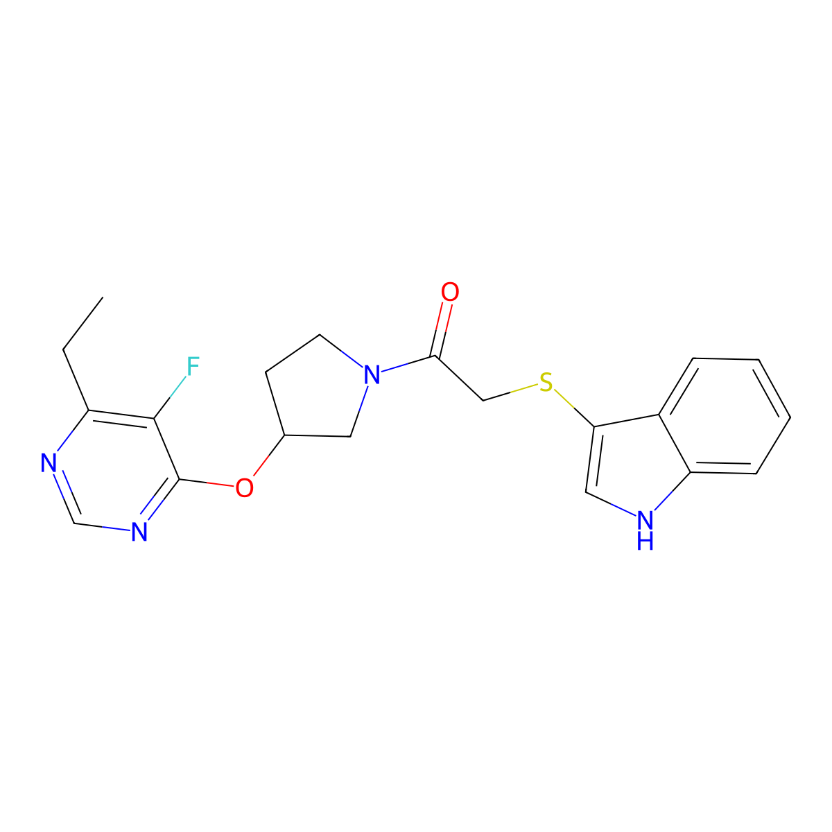 2-((1H-indol-3-yl)thio)-1-(3-((6-ethyl-5-fluoropyrimidin-4-yl)oxy)pyrrolidin-1-yl)ethanone molecular structure, CAS 2034436-23-0